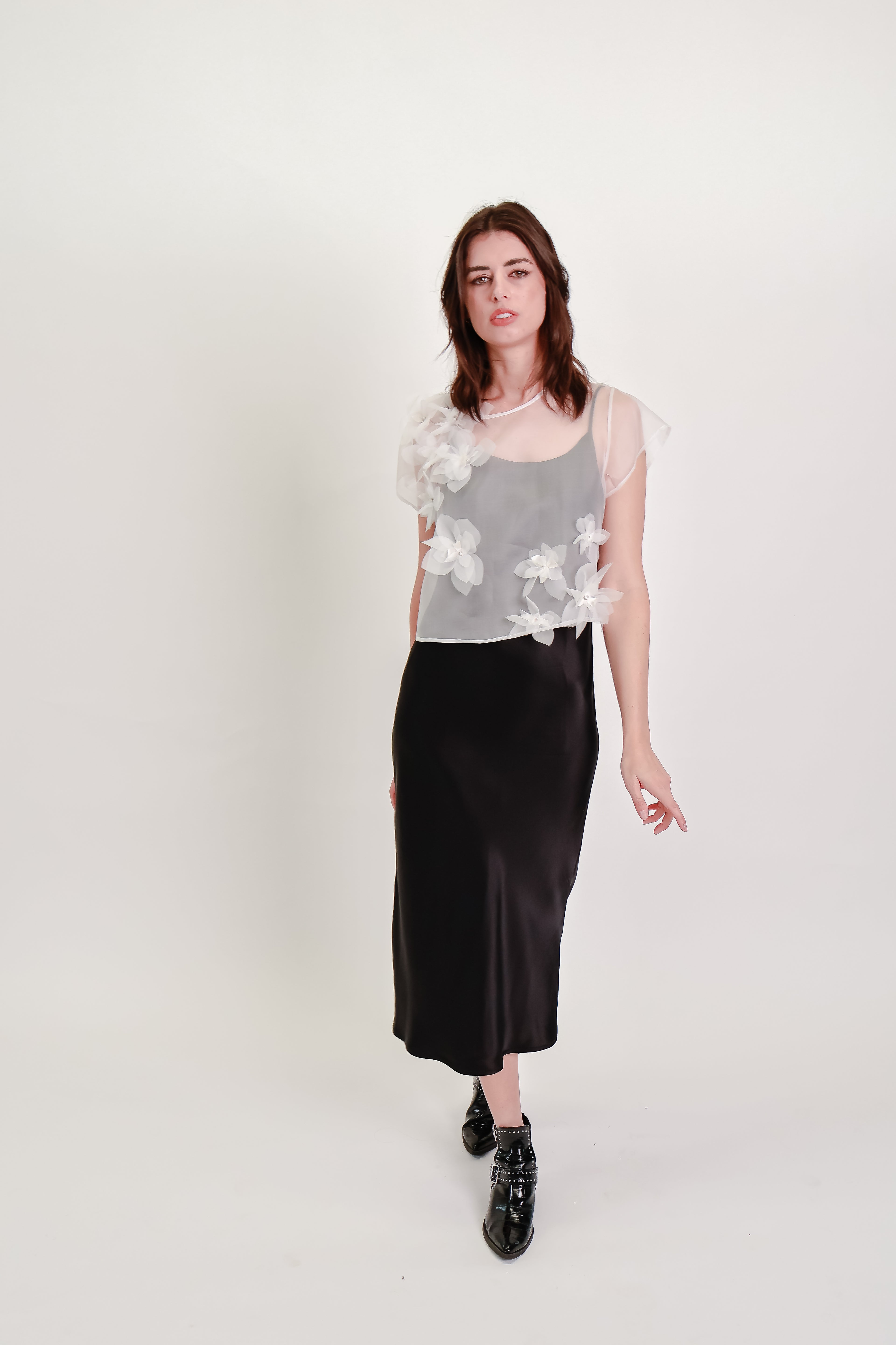 Silk Organza Cropped Tee with Handmade Silk Flowers