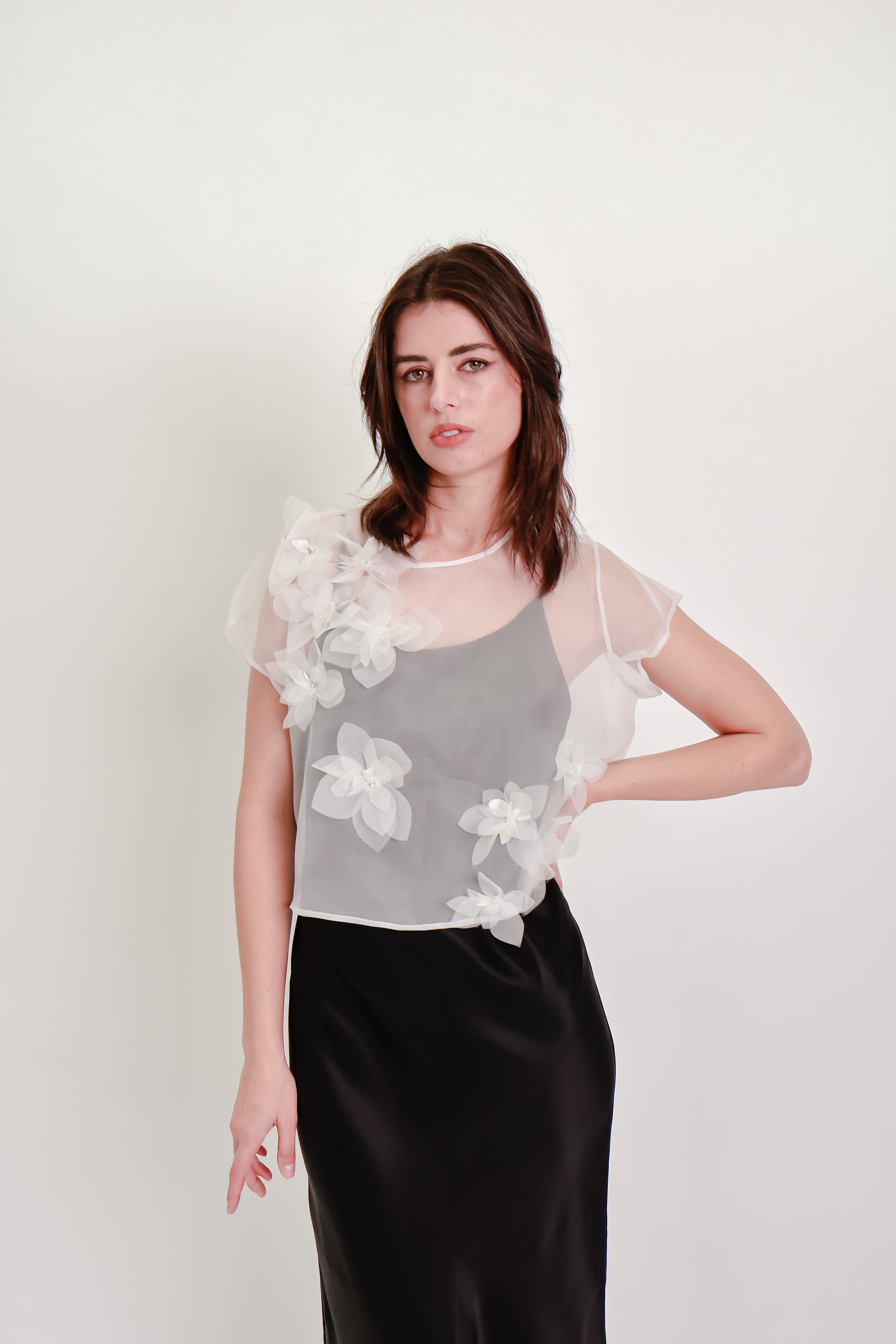 Silk Organza Cropped Tee with Handmade Silk Flowers