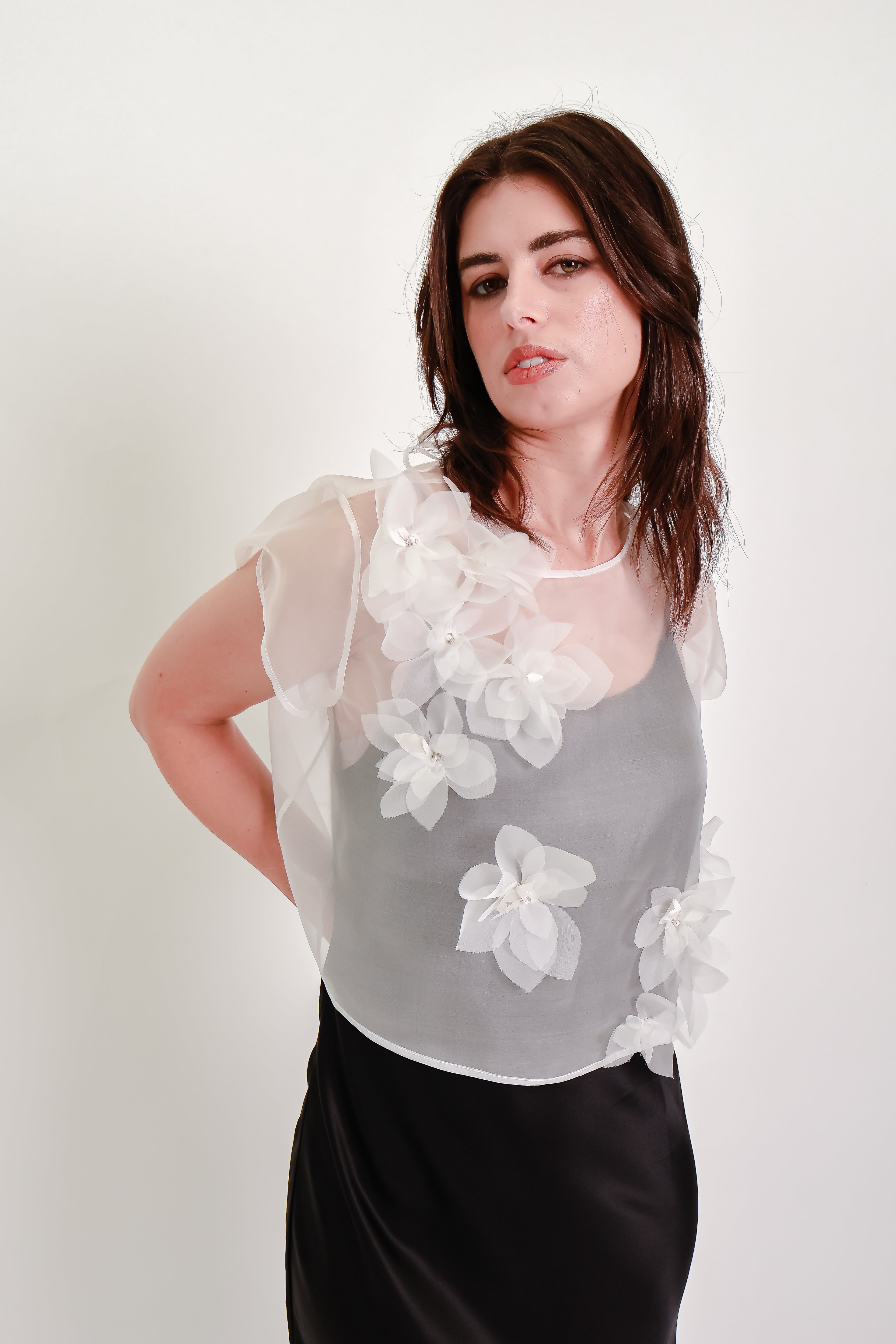 Silk Organza Cropped Tee with Handmade Silk Flowers