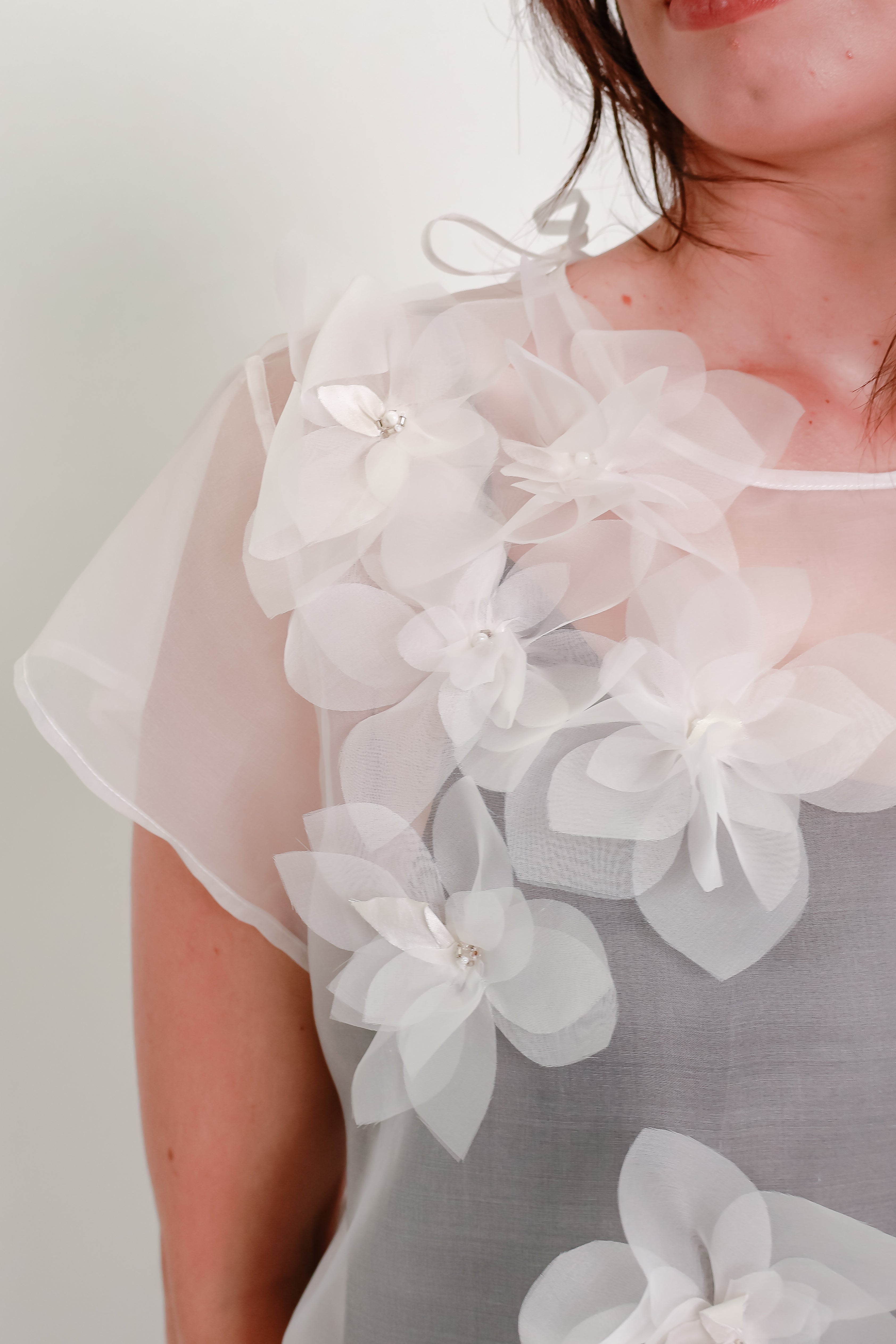 Silk Organza Cropped Tee with Handmade Silk Flowers