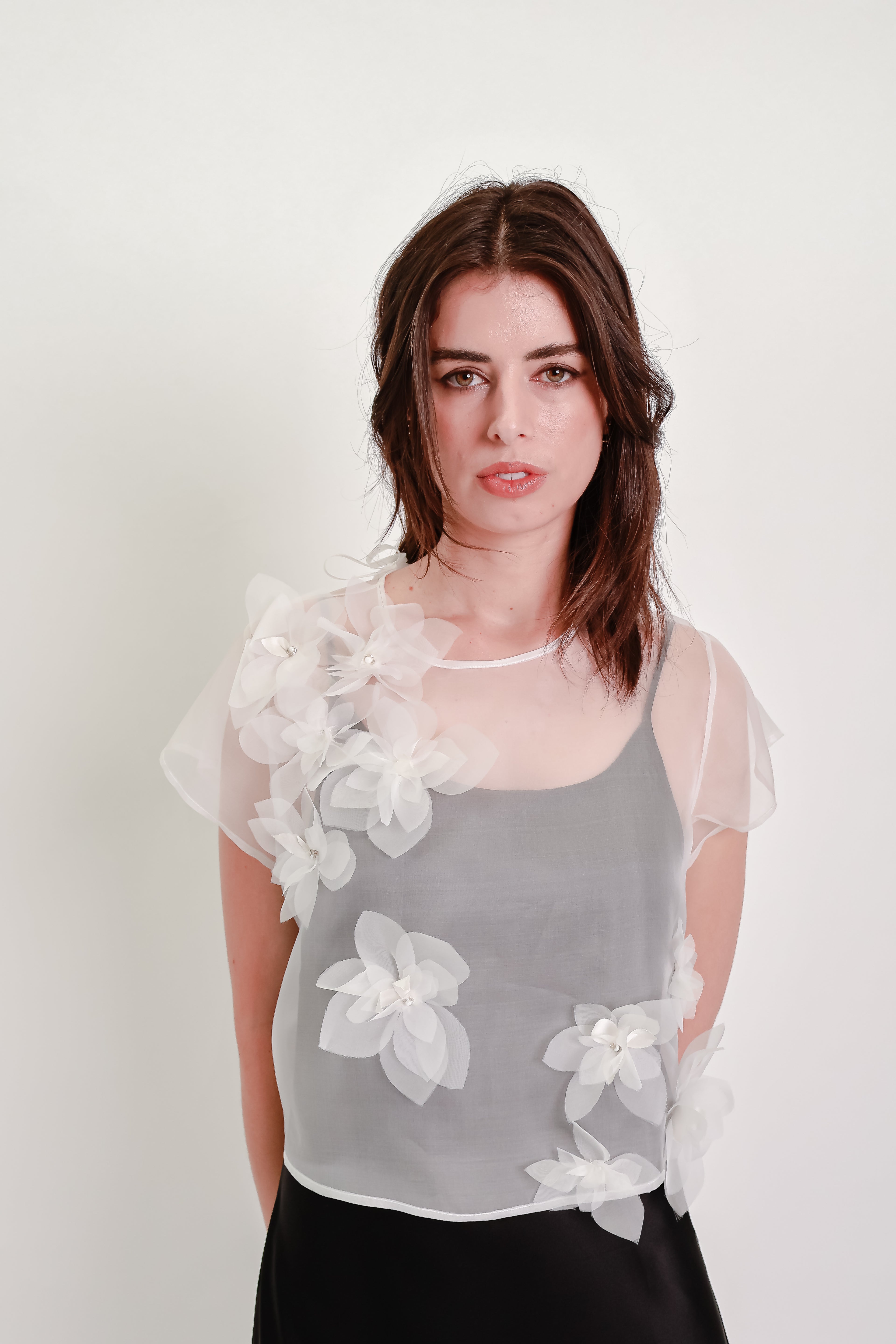 Silk Organza Cropped Tee with Handmade Silk Flowers