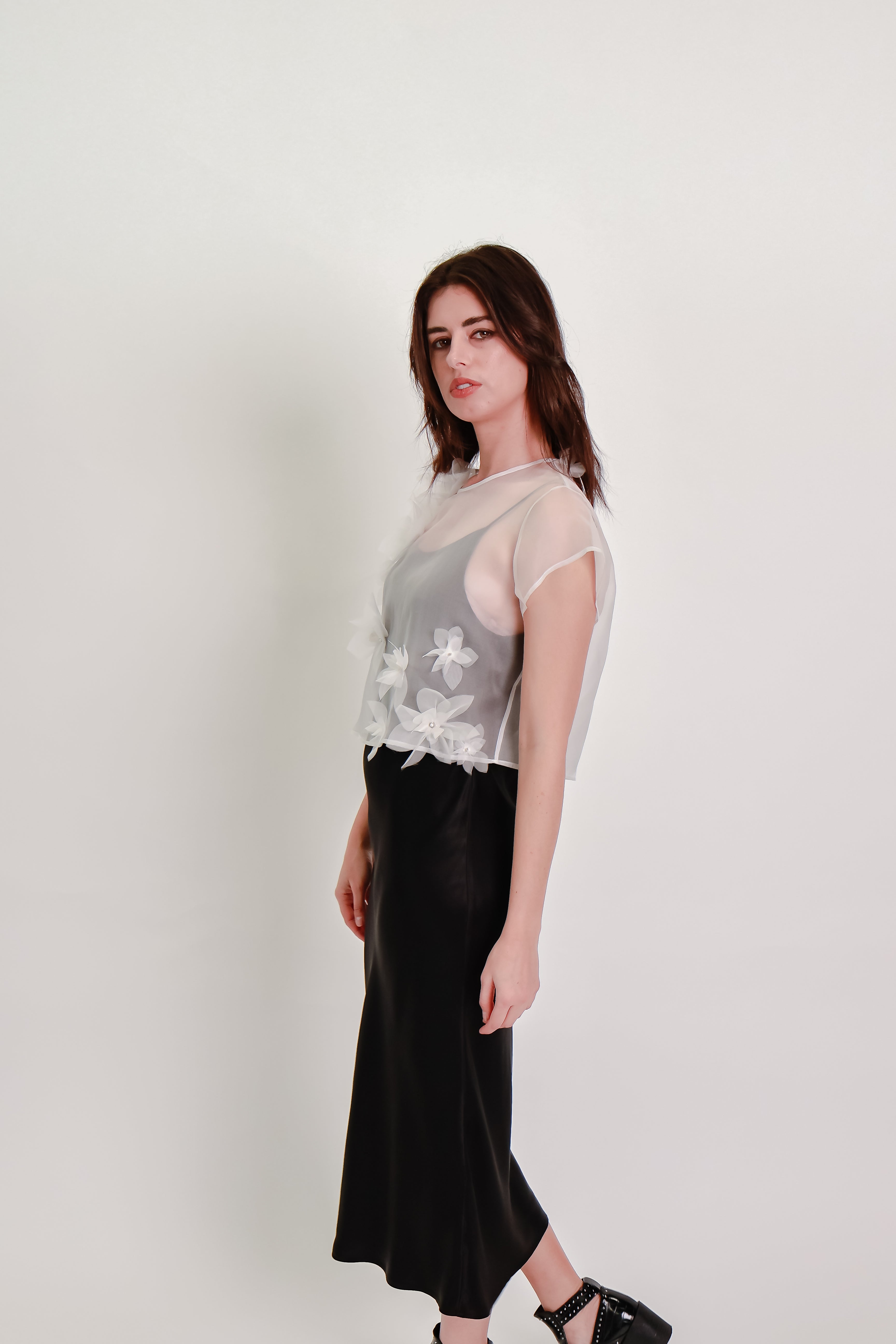 Silk Organza Cropped Tee with Handmade Silk Flowers