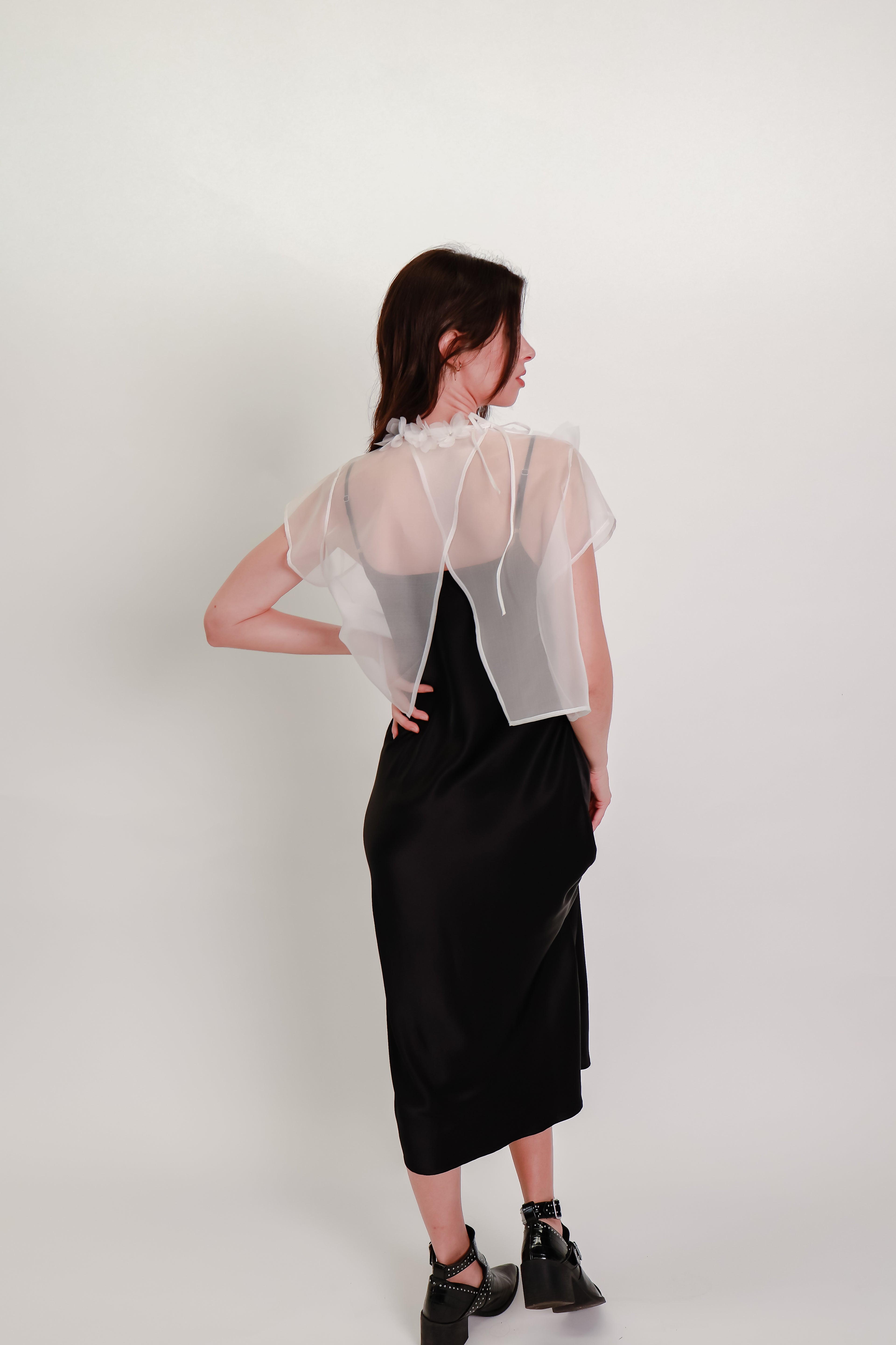 Silk Organza Cropped Tee with Handmade Silk Flowers