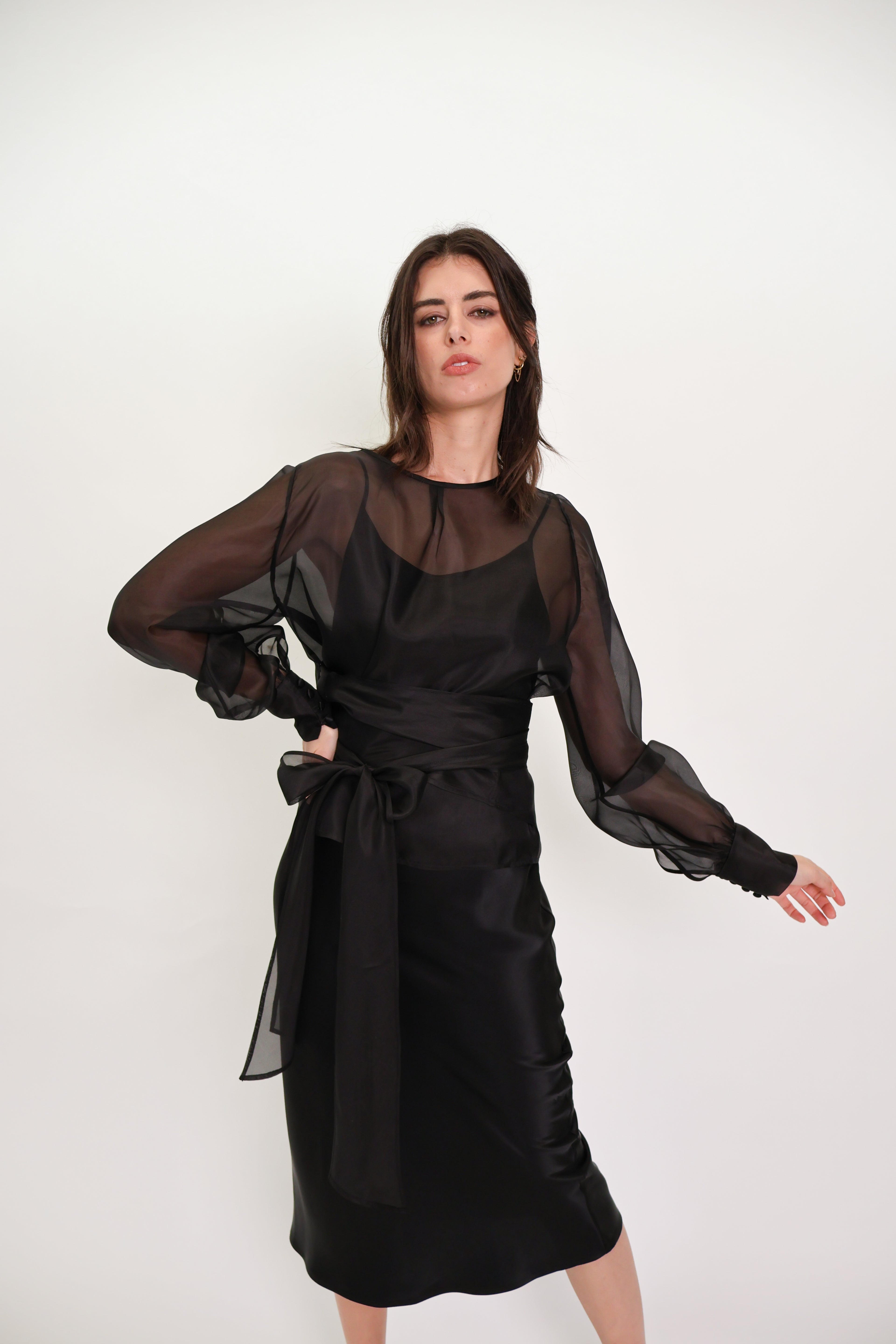 Silk Organza Wrap Blouse - Black