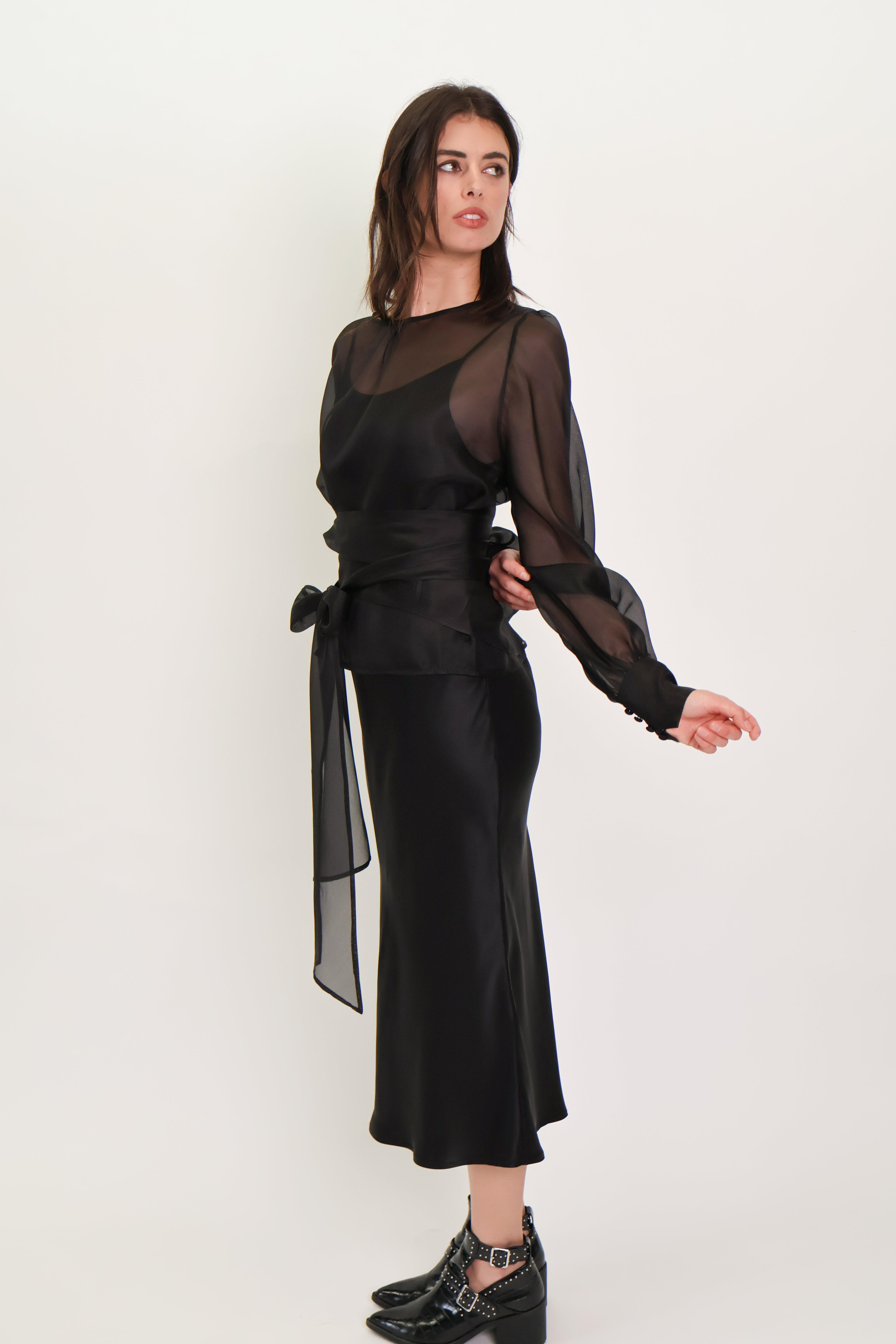 Silk Organza Wrap Blouse - Black