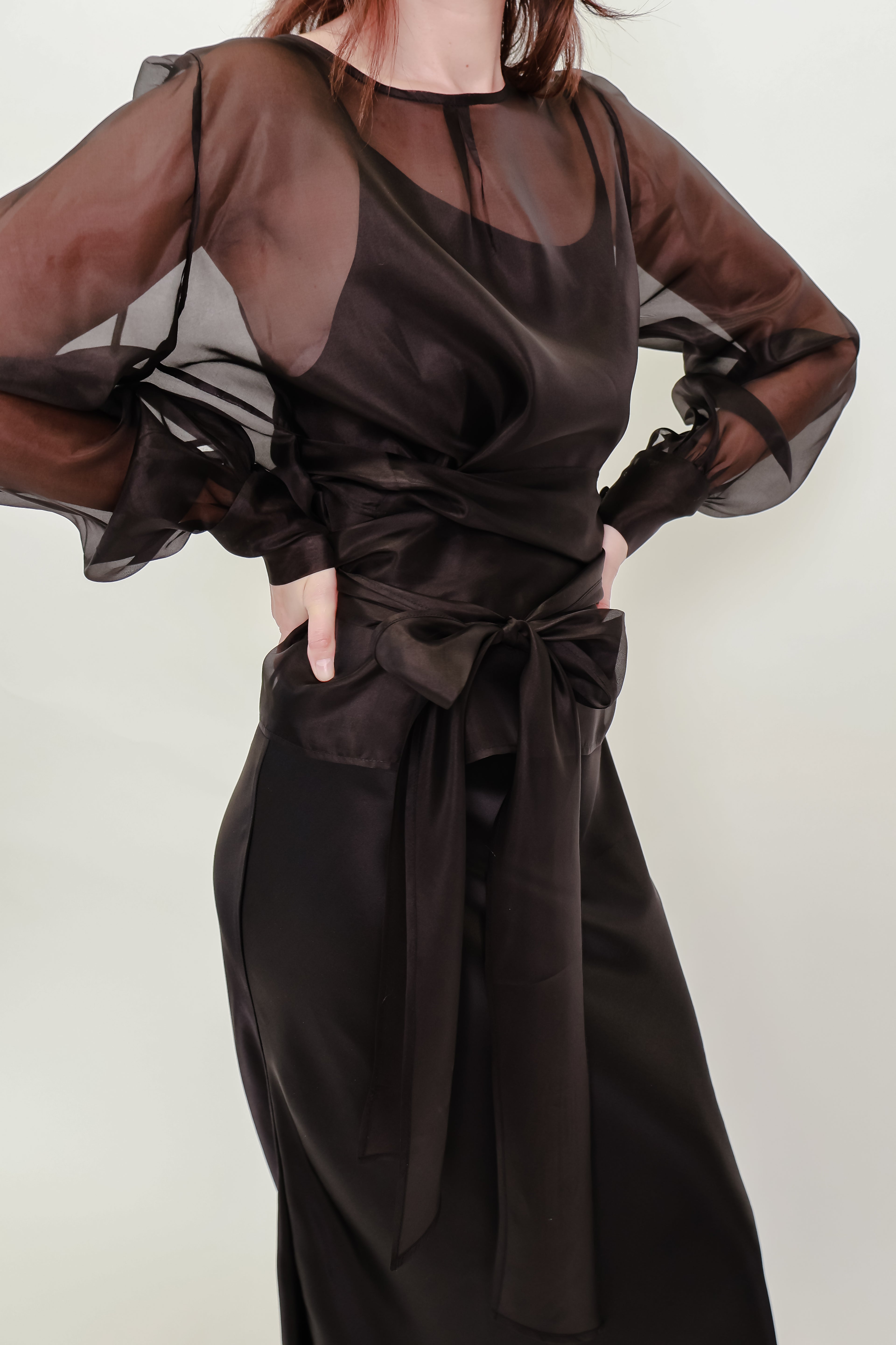 Silk Organza Wrap Blouse - Black