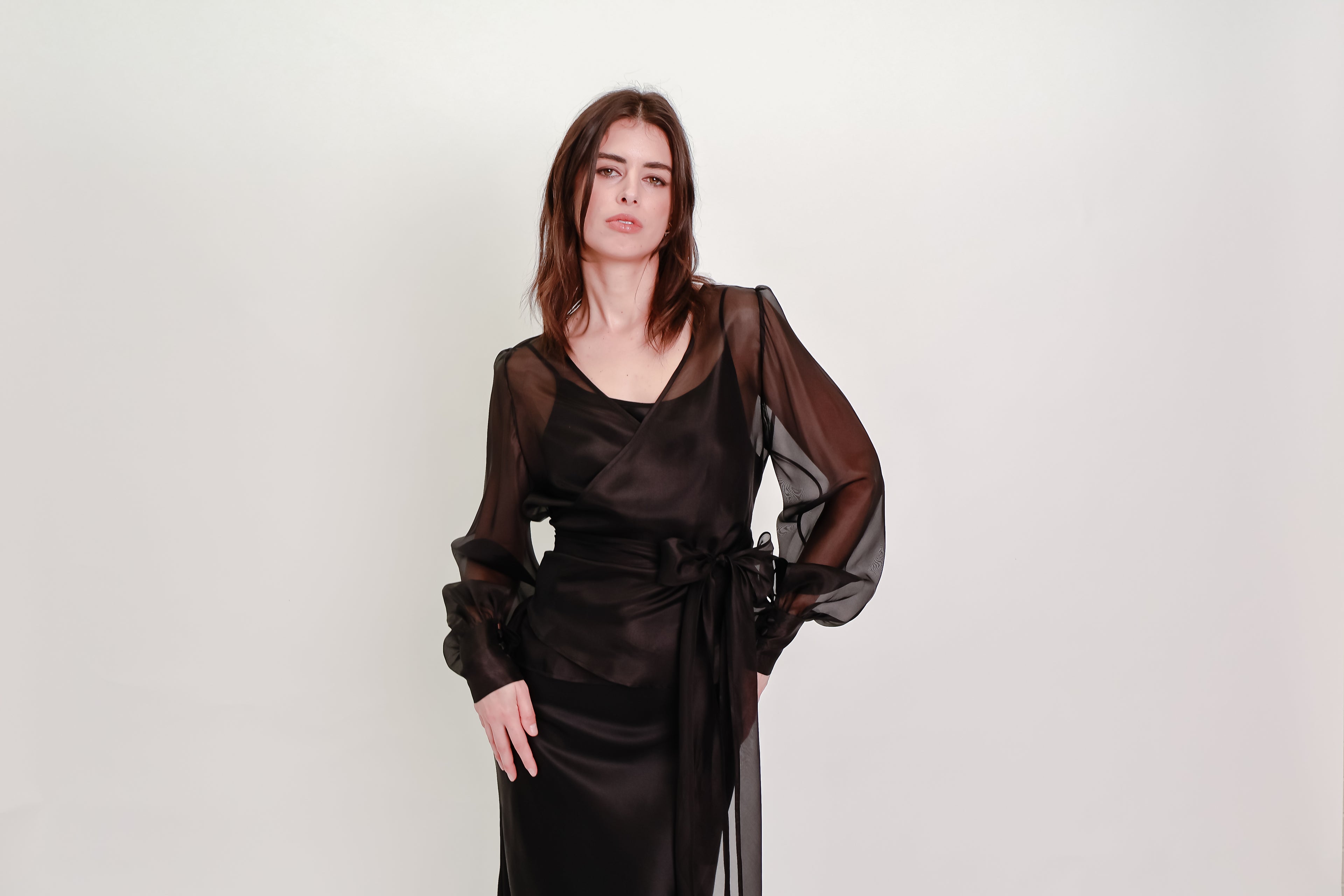 Silk Organza Wrap Blouse - Black