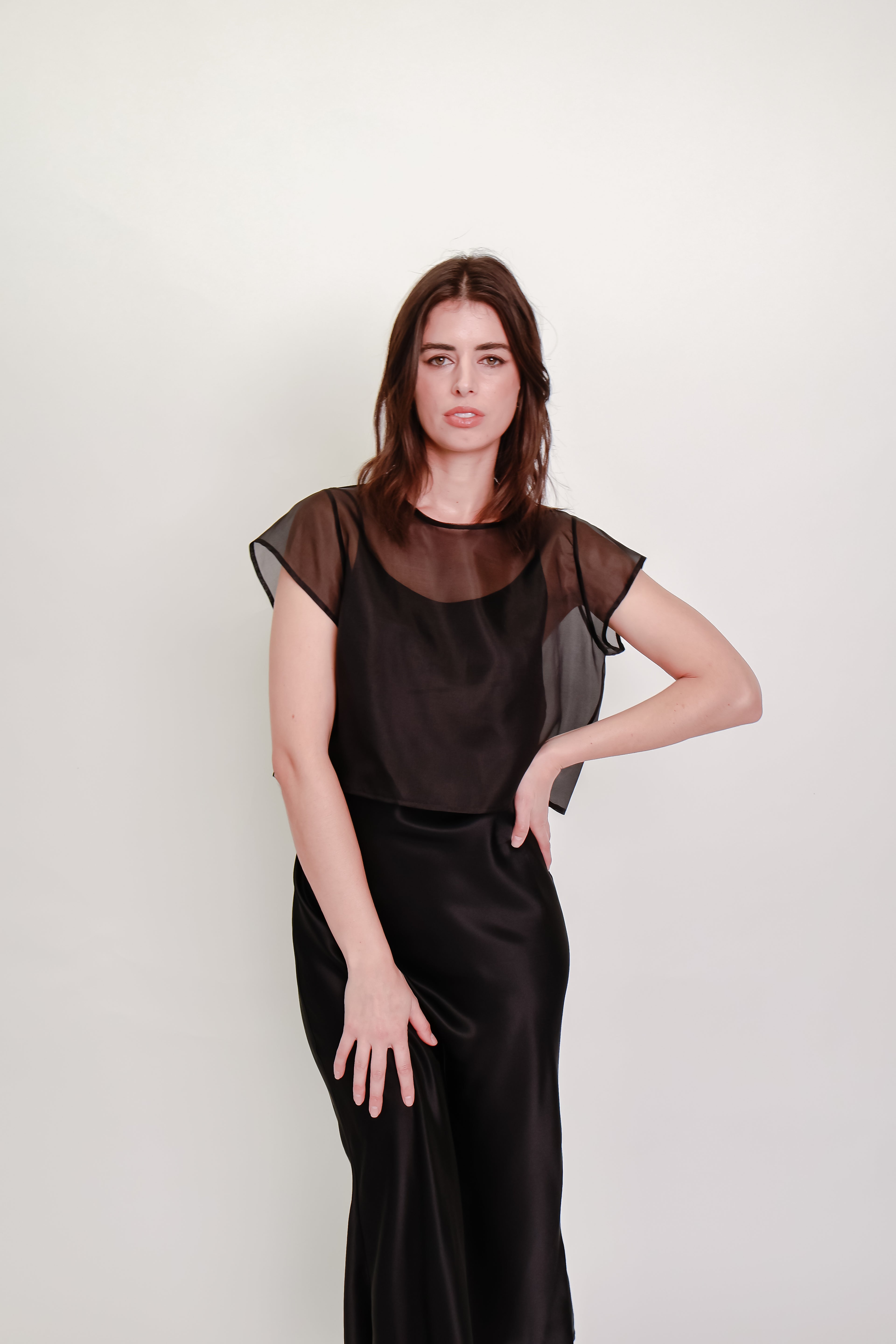 Silk Organza Cropped Tee - Black