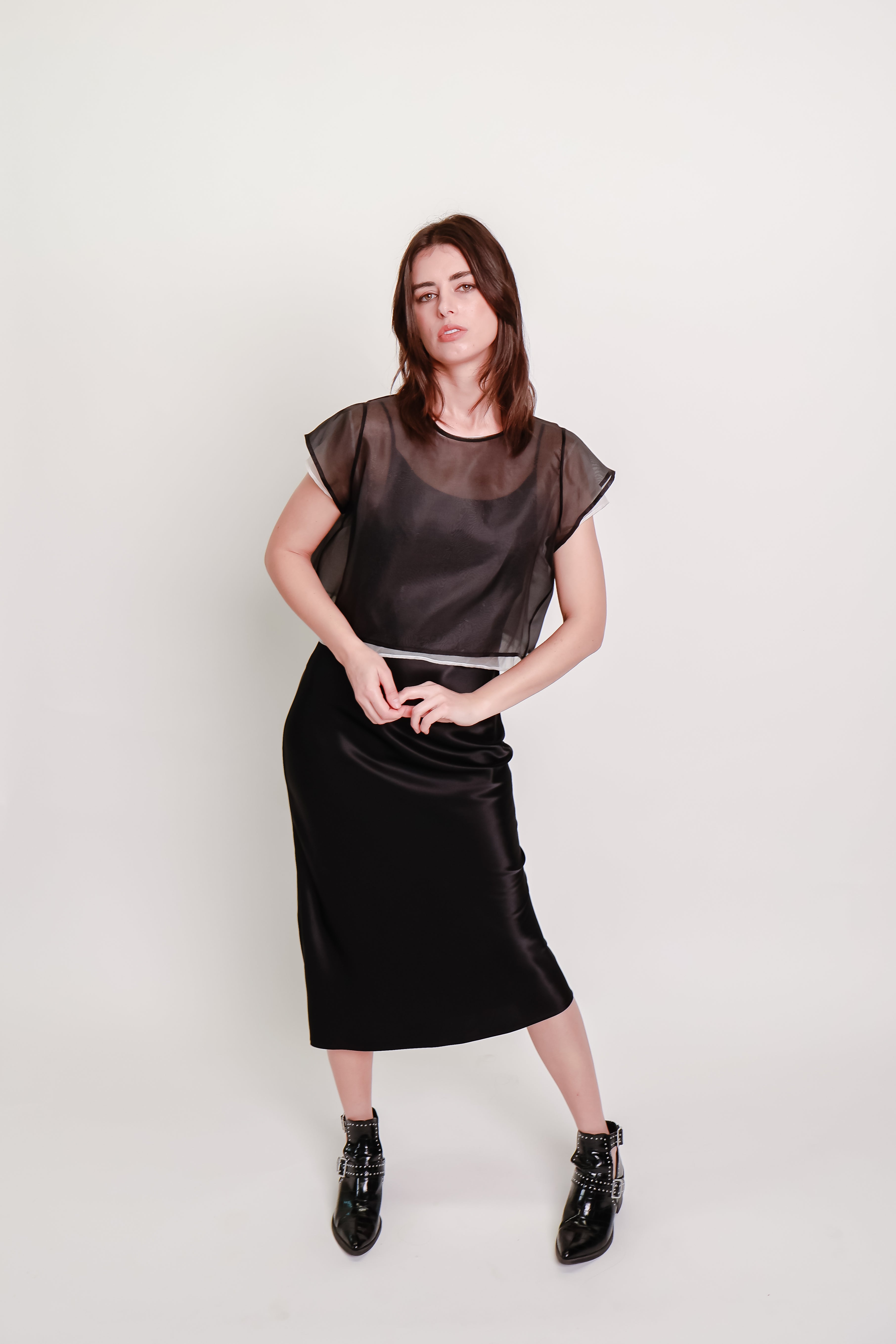 Silk Organza Cropped Tee - Black
