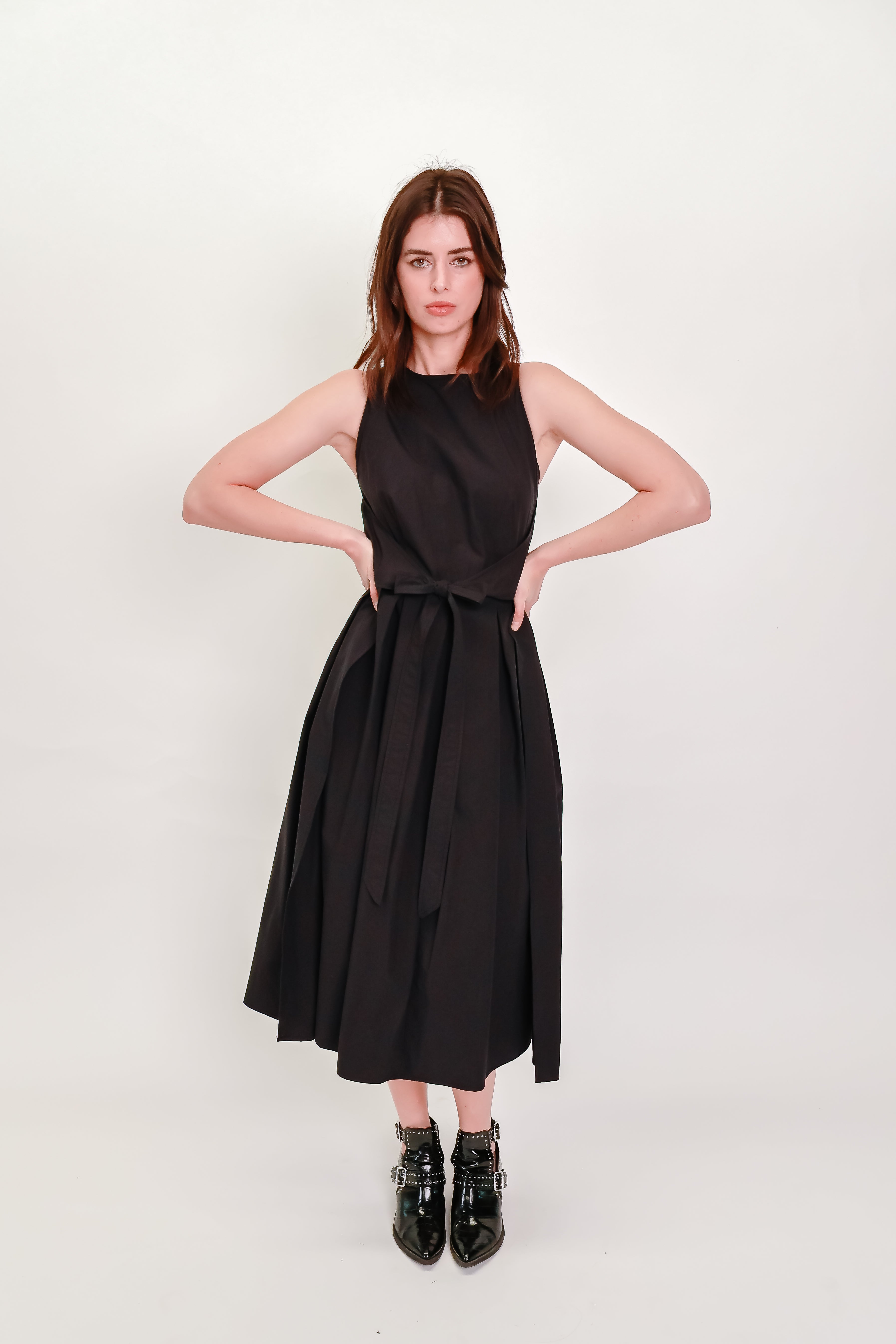 Box Pleat Wrap Dress in Black Cotton