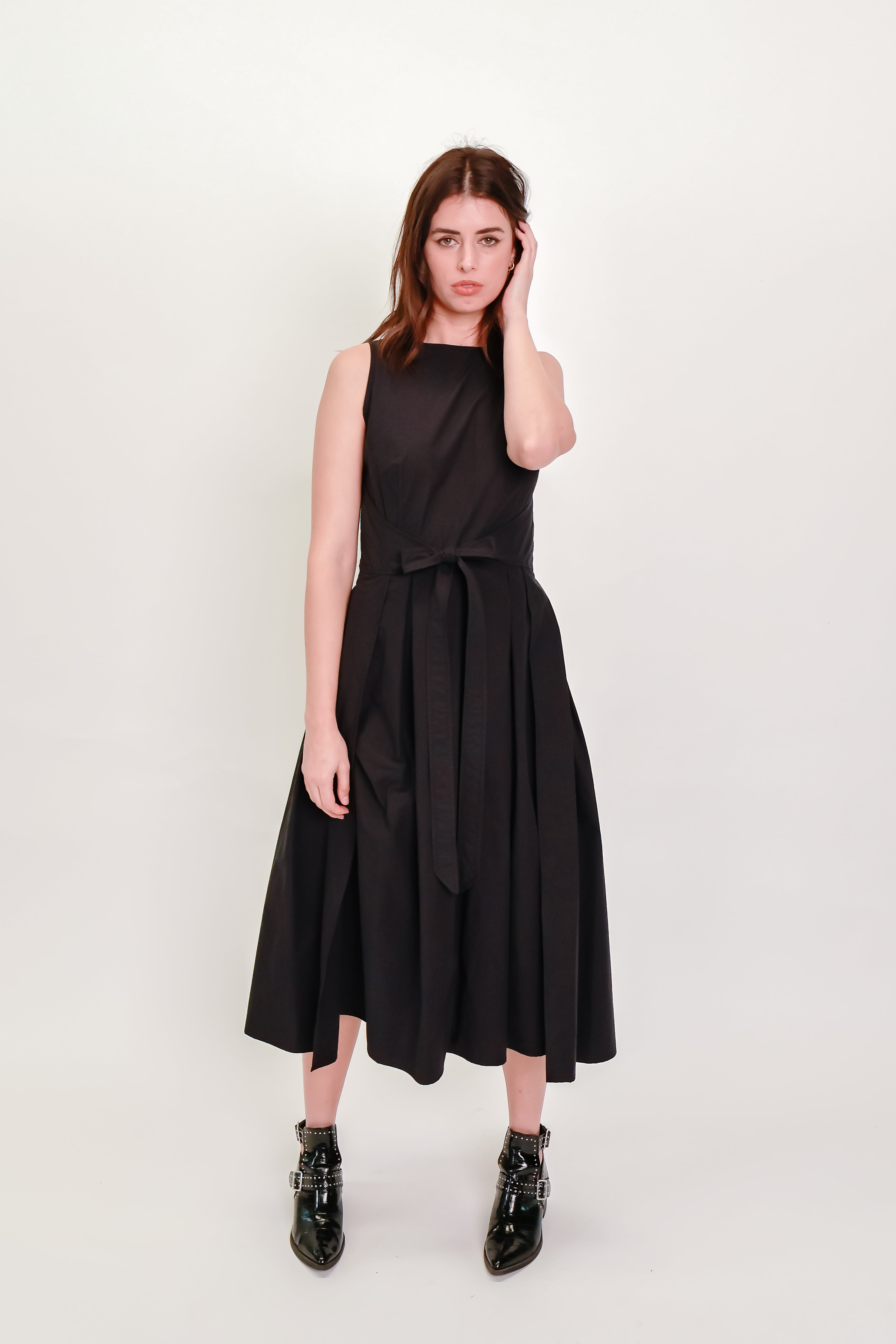 Box Pleat Wrap Dress in Black Cotton