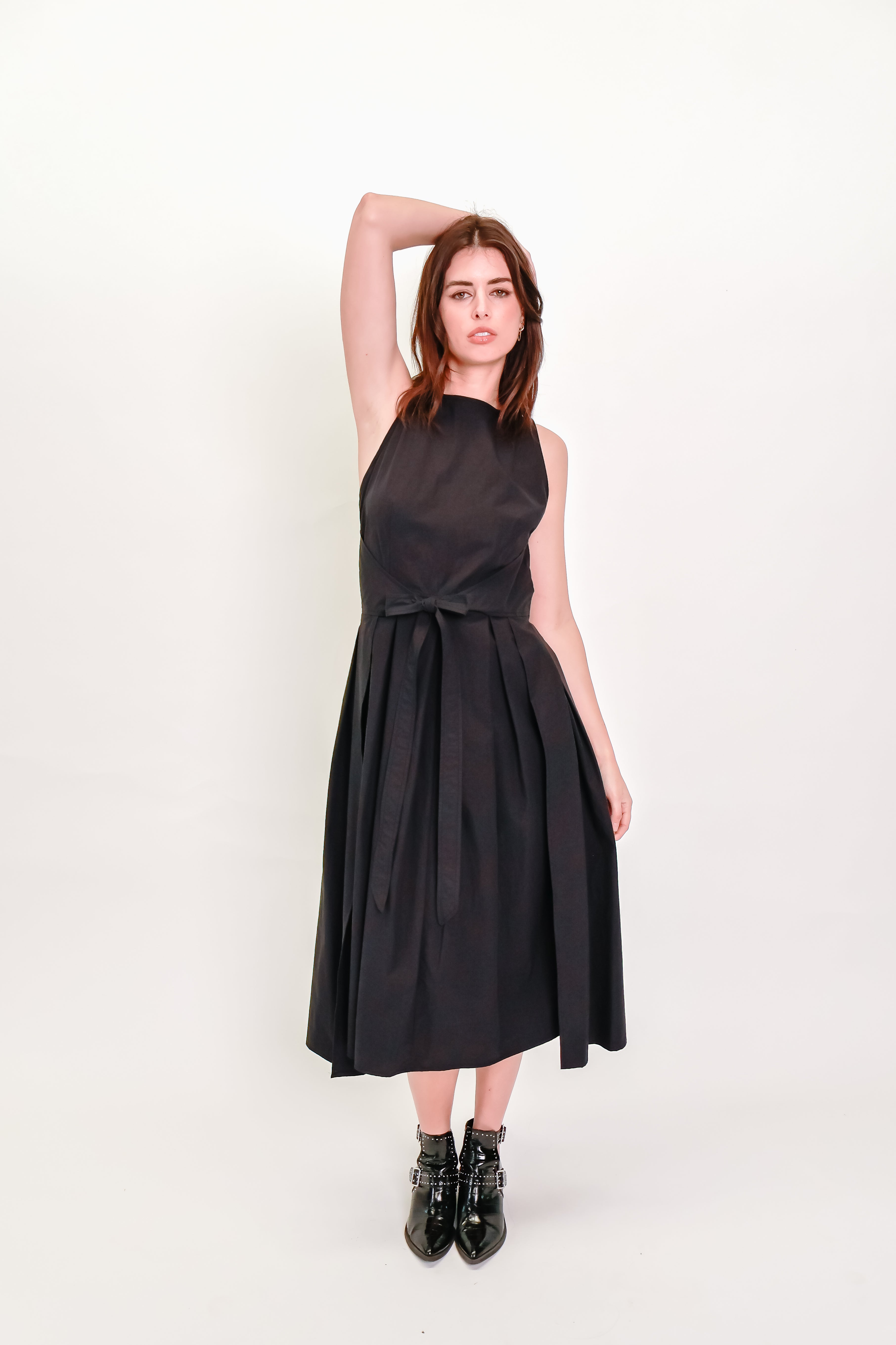 Box Pleat Wrap Dress in Black Cotton