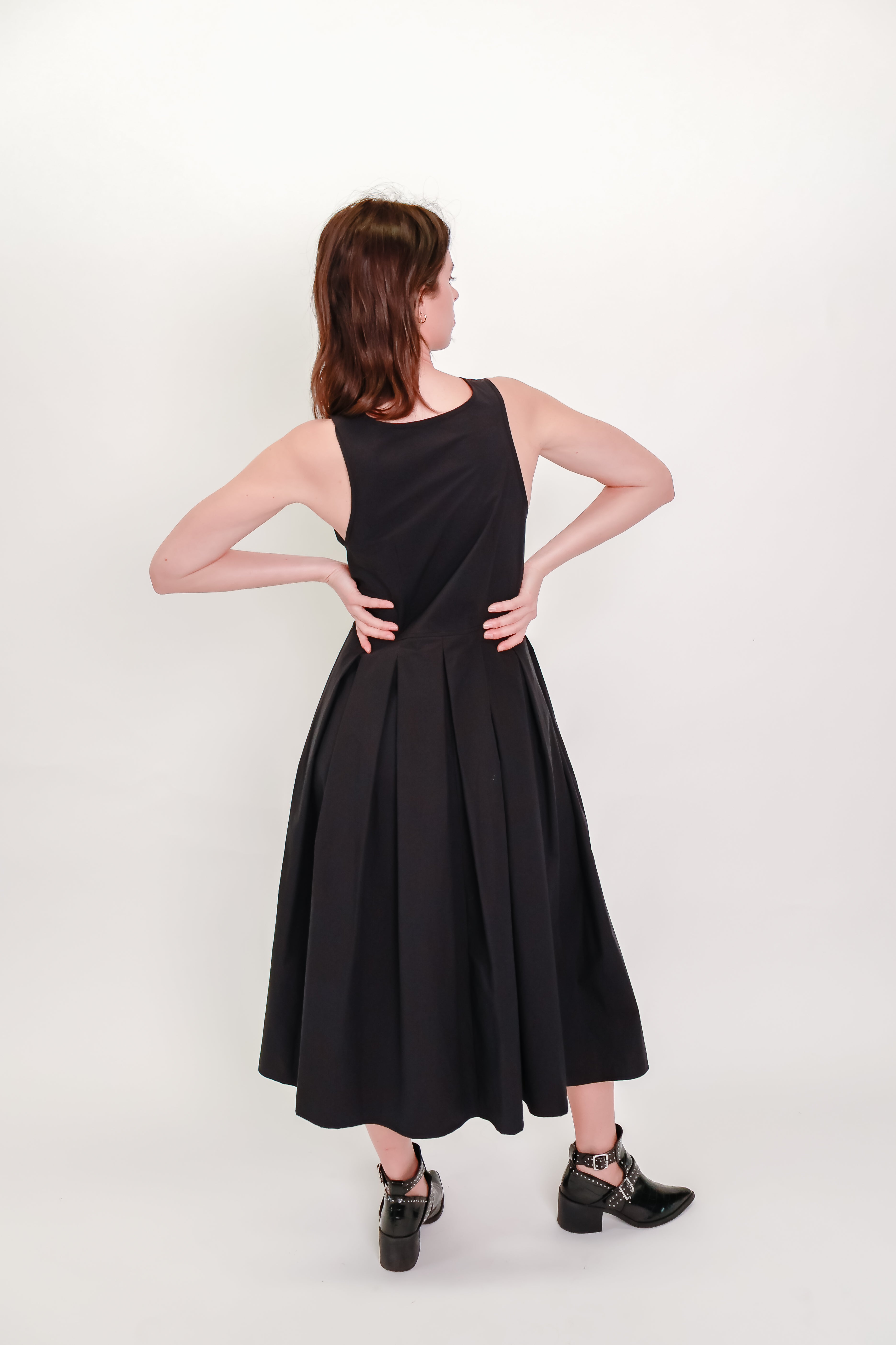 Box Pleat Wrap Dress in Black Cotton