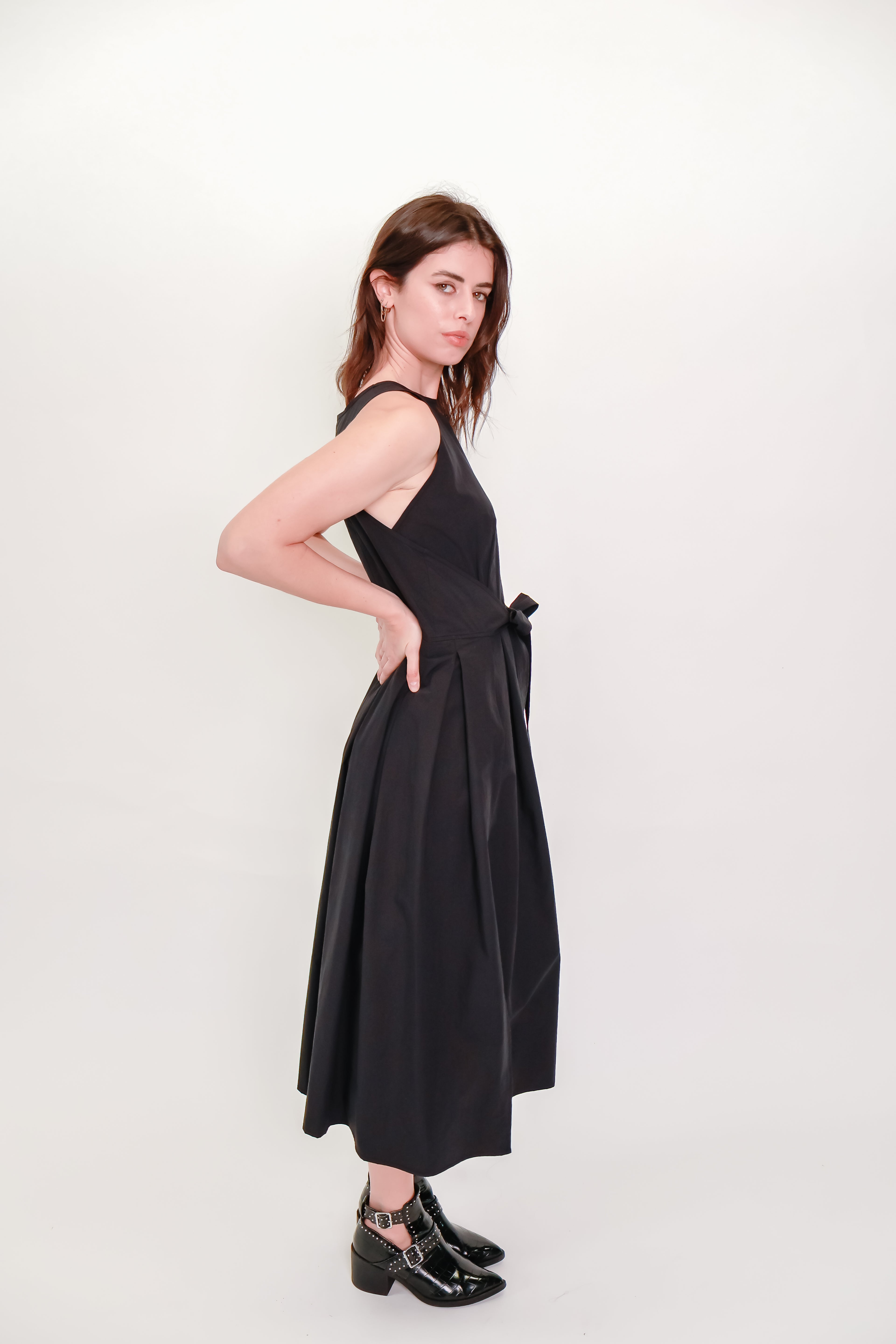Box Pleat Wrap Dress in Black Cotton