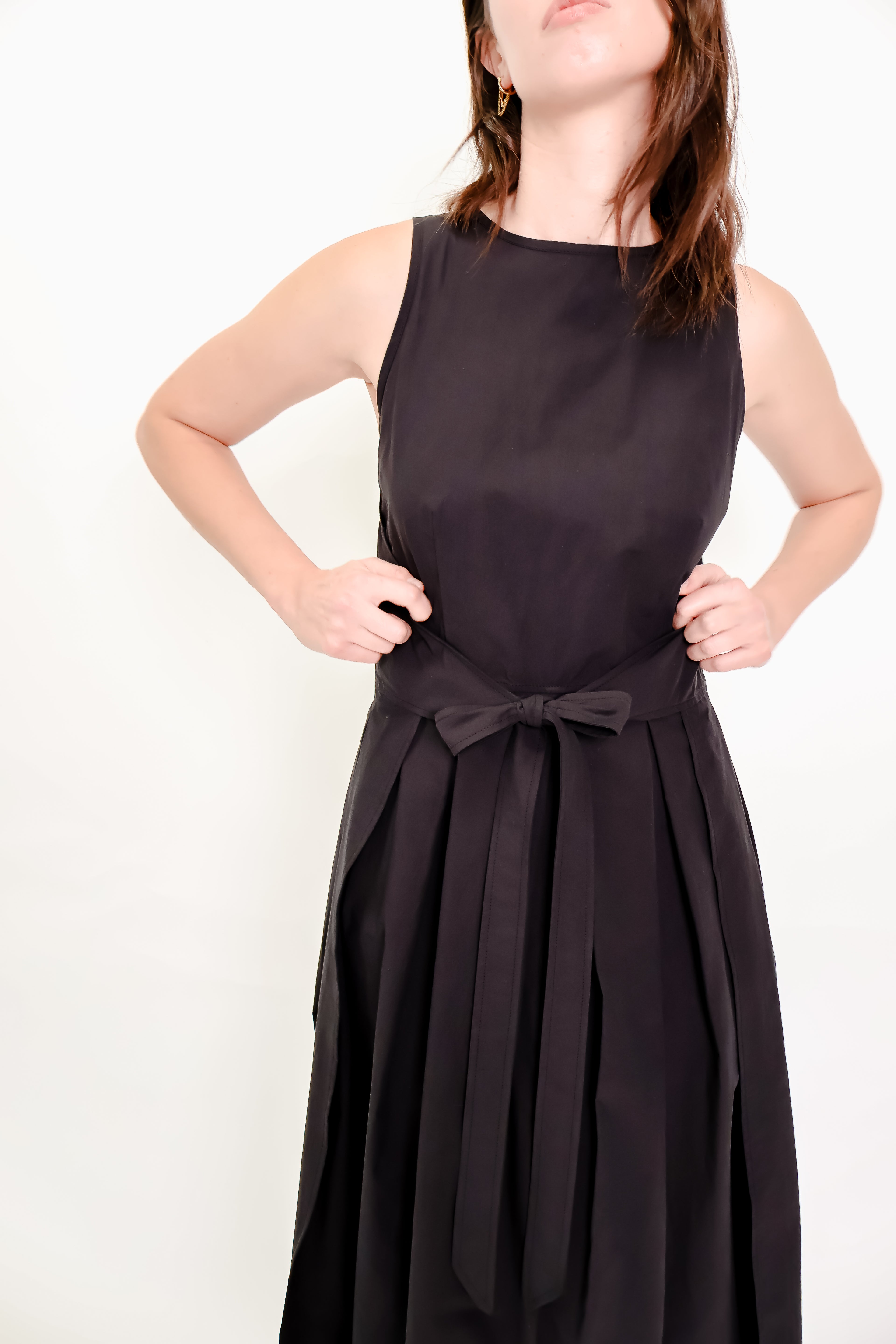 Box Pleat Wrap Dress in Black Cotton