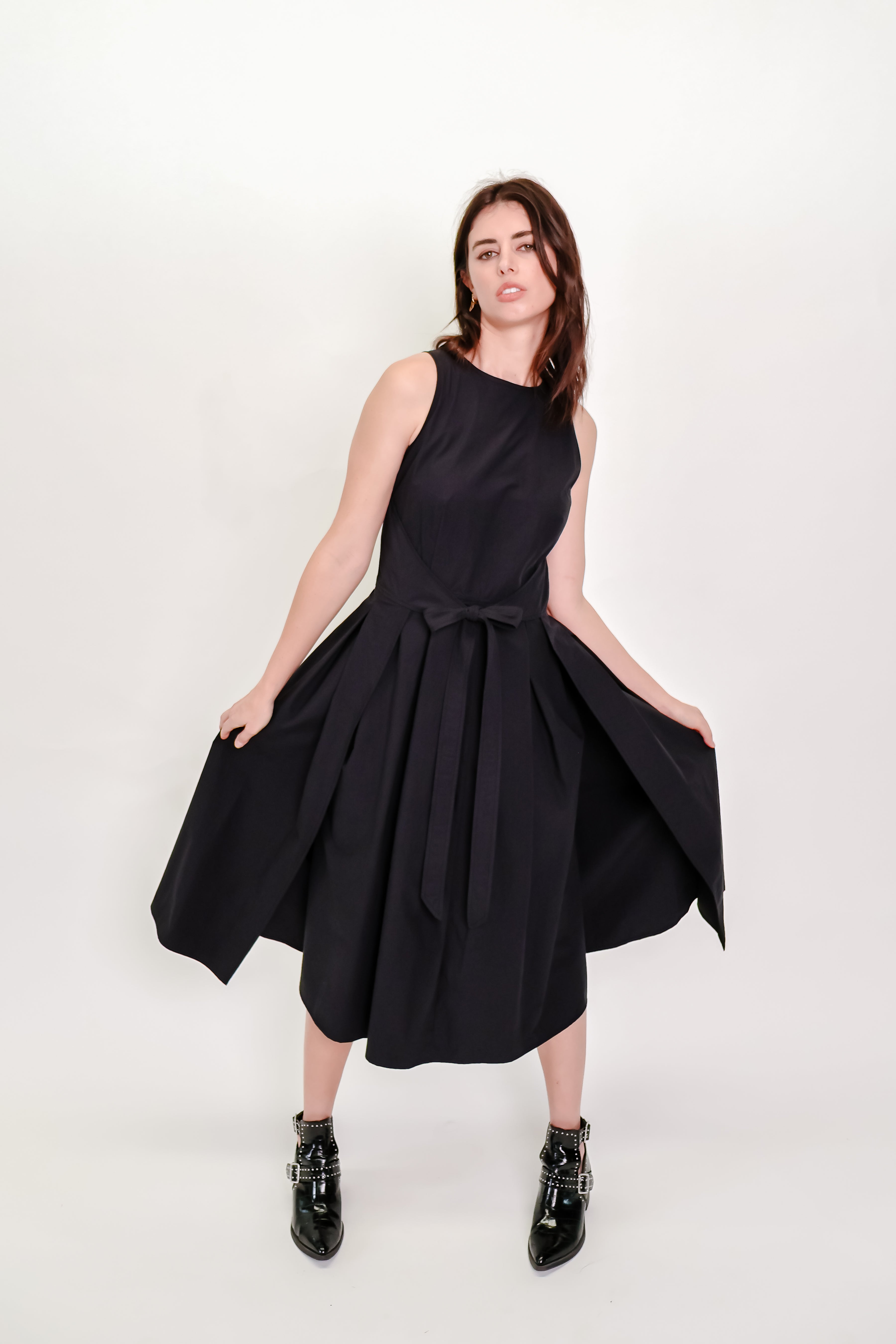 Box Pleat Wrap Dress in Black Cotton