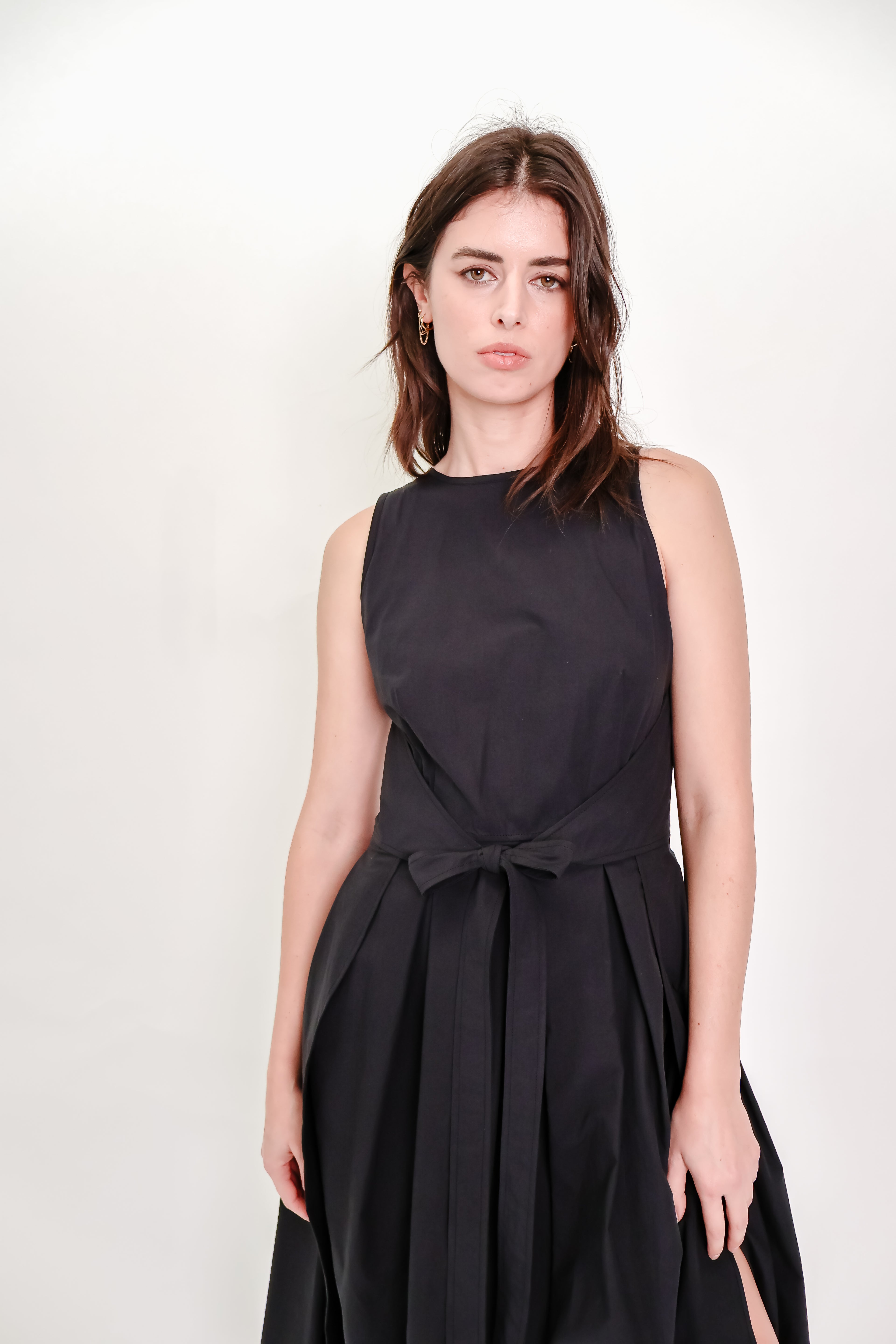 Box Pleat Wrap Dress in Black Cotton