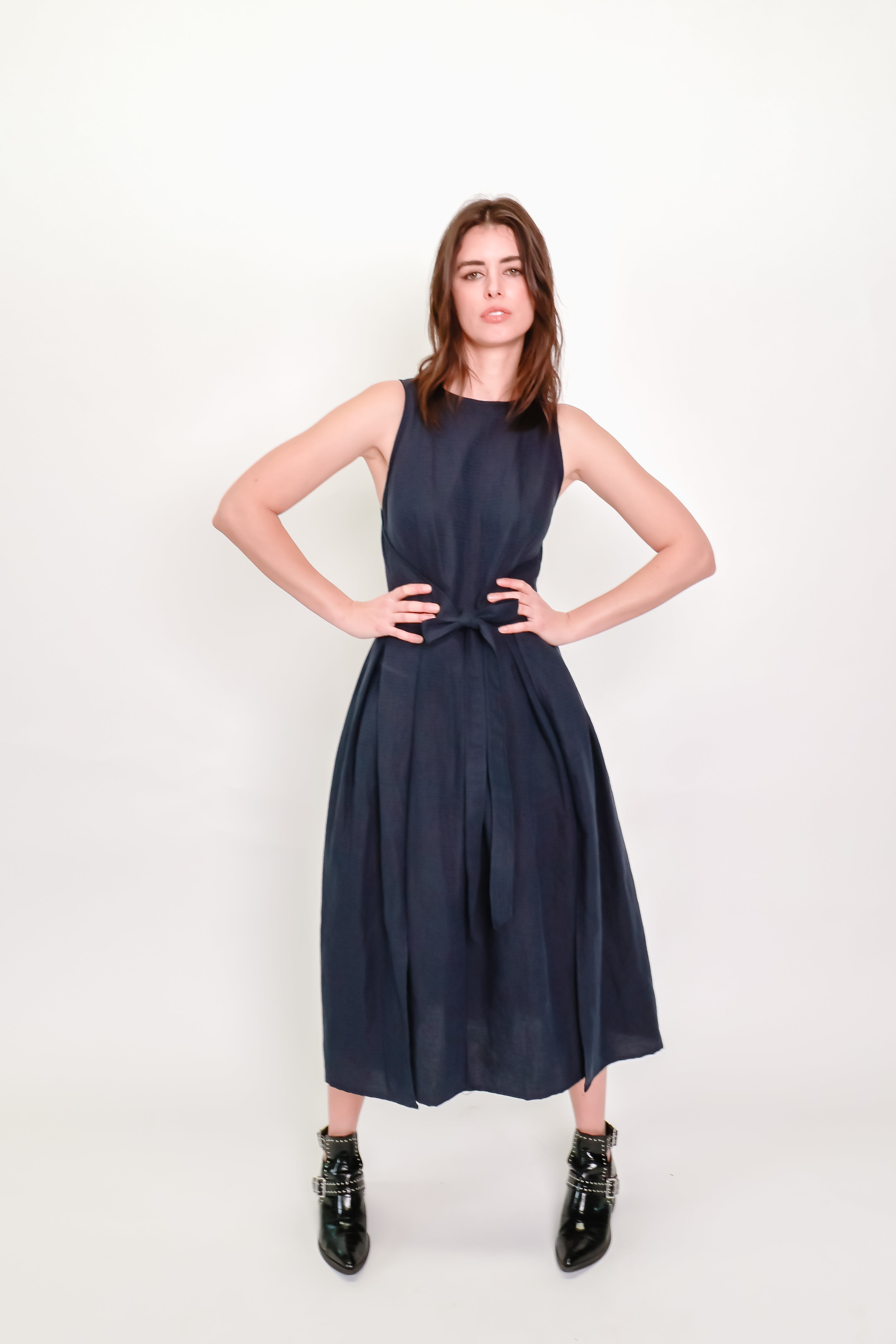 Box Pleat Wrap Dress in Indigo Check