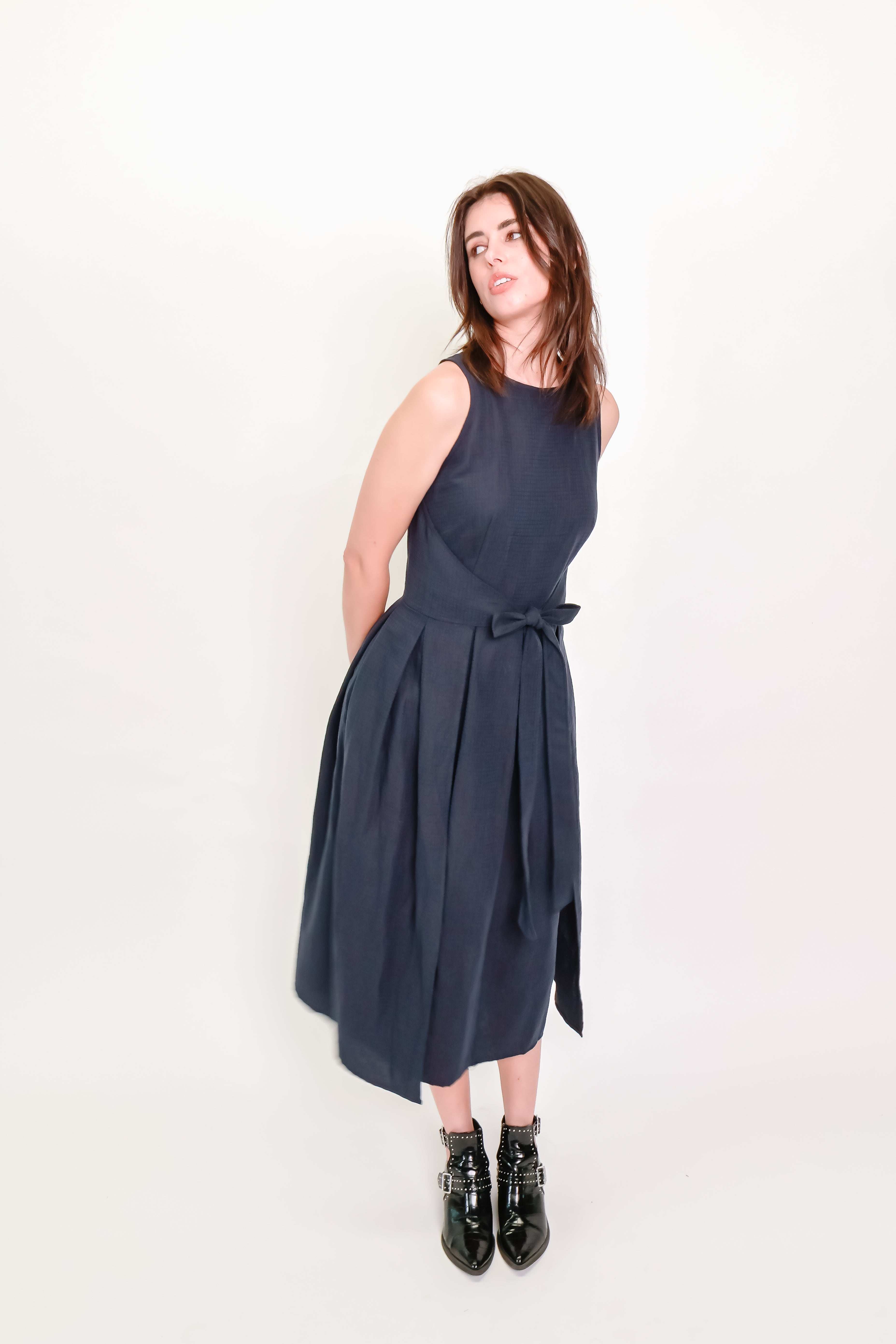 Box Pleat Wrap Dress in Indigo Check