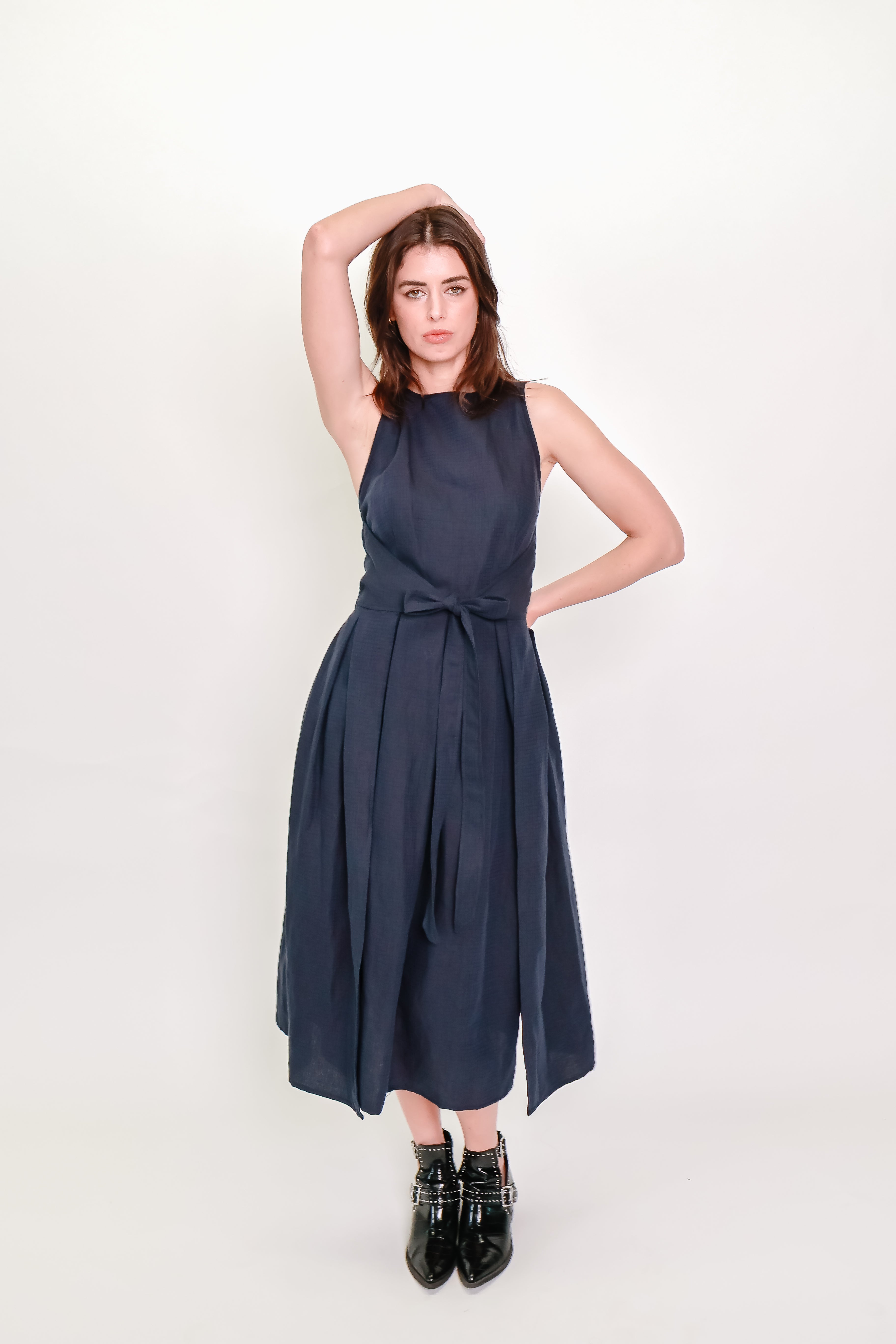 Box Pleat Wrap Dress in Indigo Check