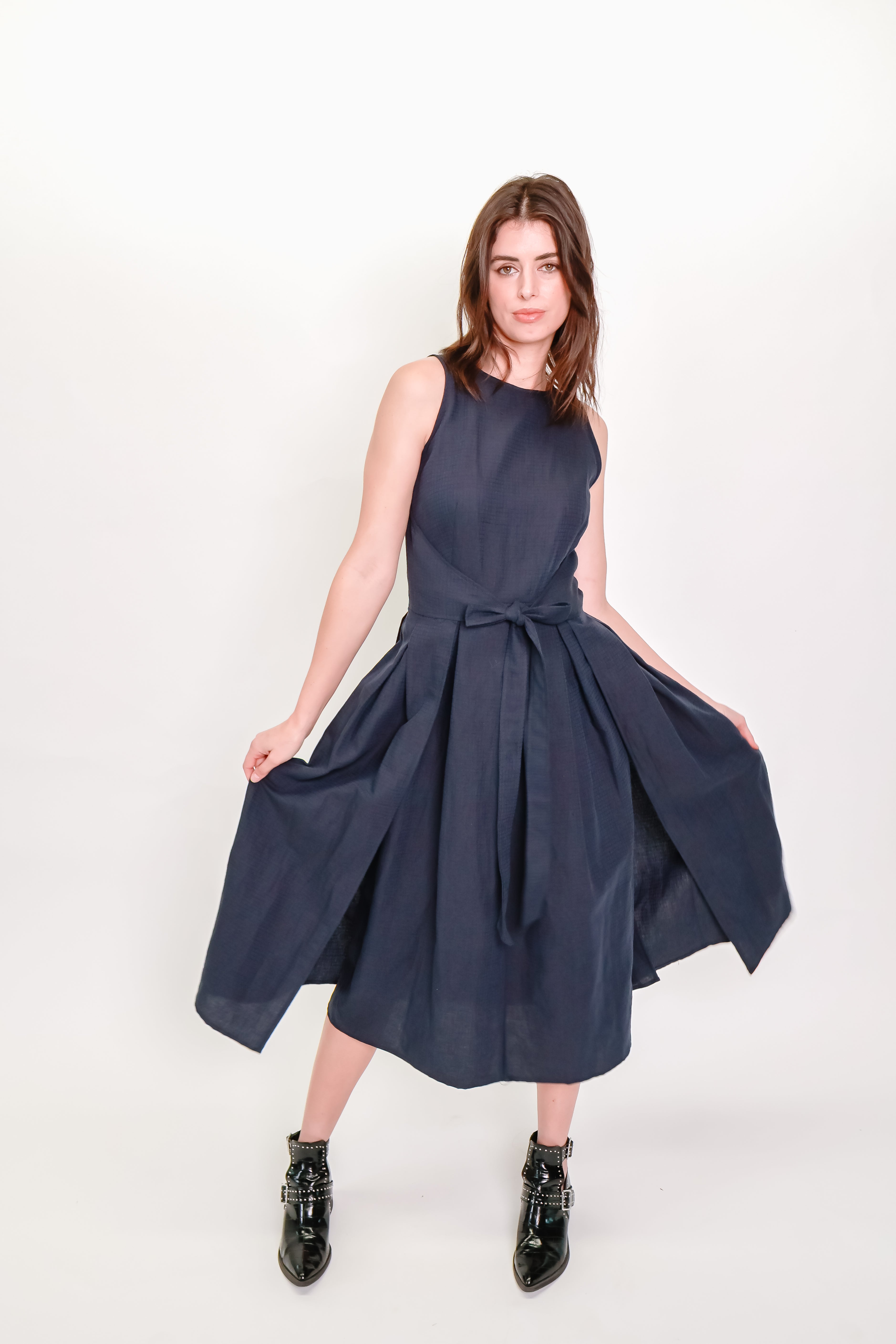 Box Pleat Wrap Dress in Indigo Check