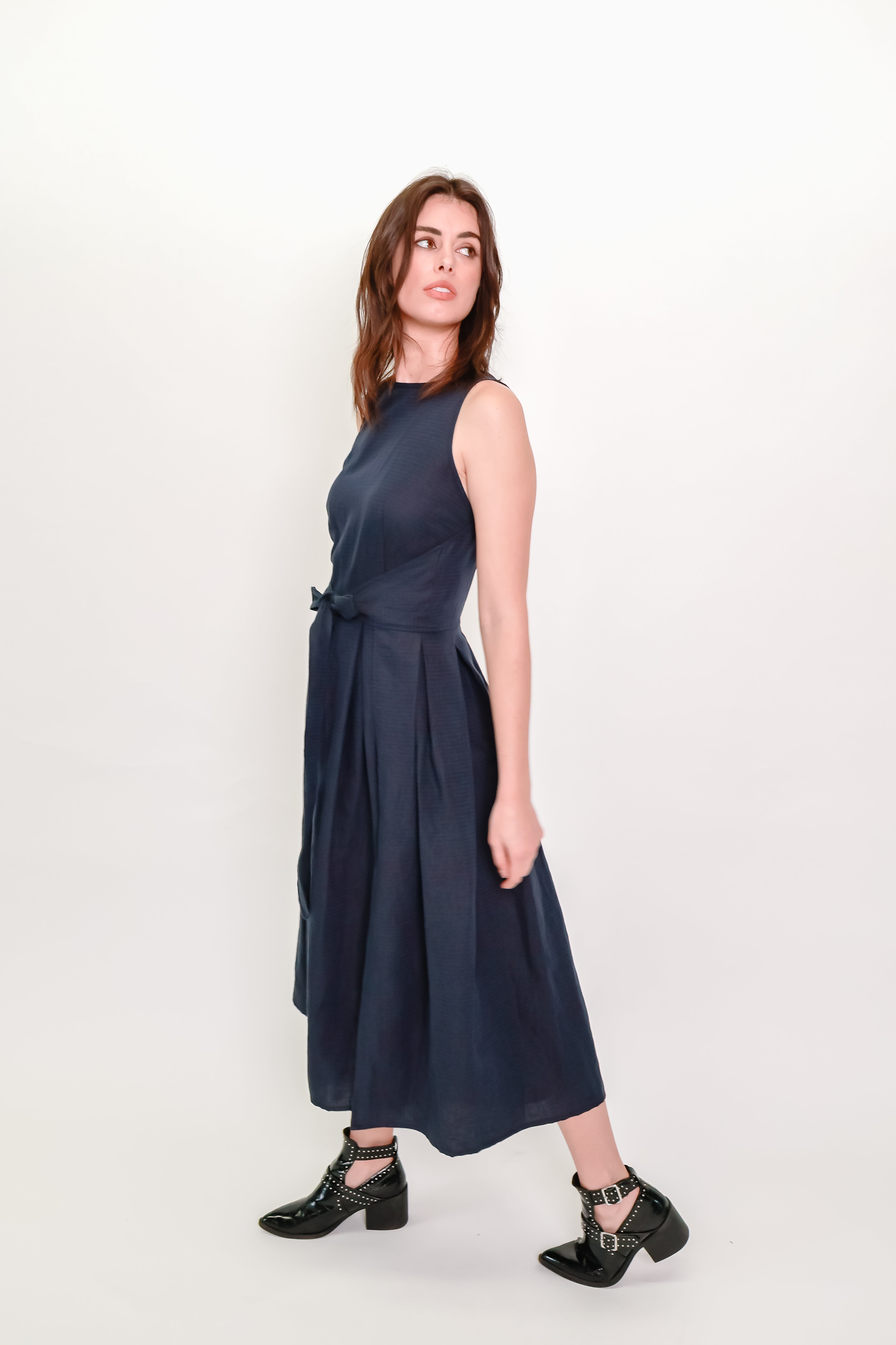 Box Pleat Wrap Dress in Indigo Check