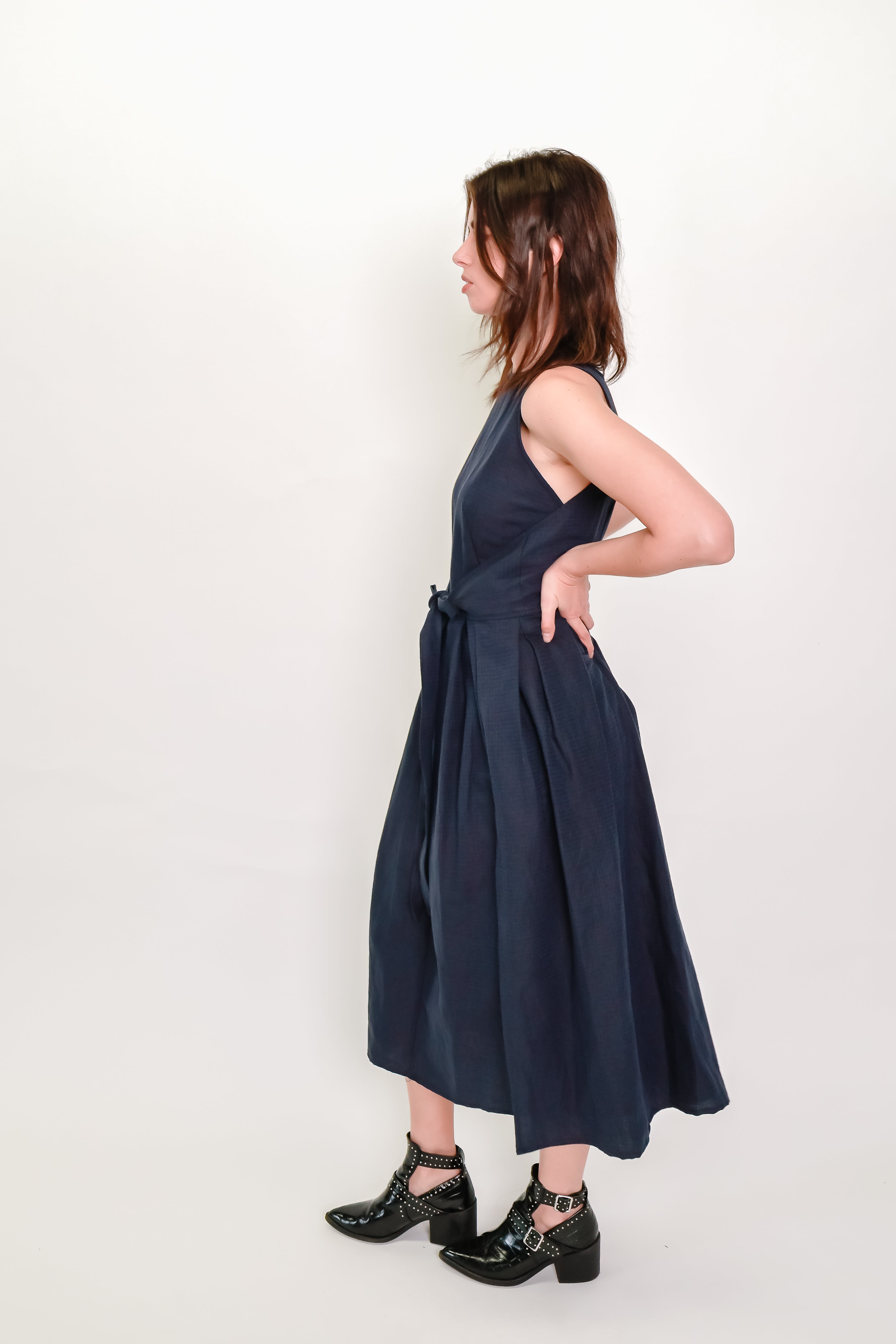Box Pleat Wrap Dress in Indigo Check