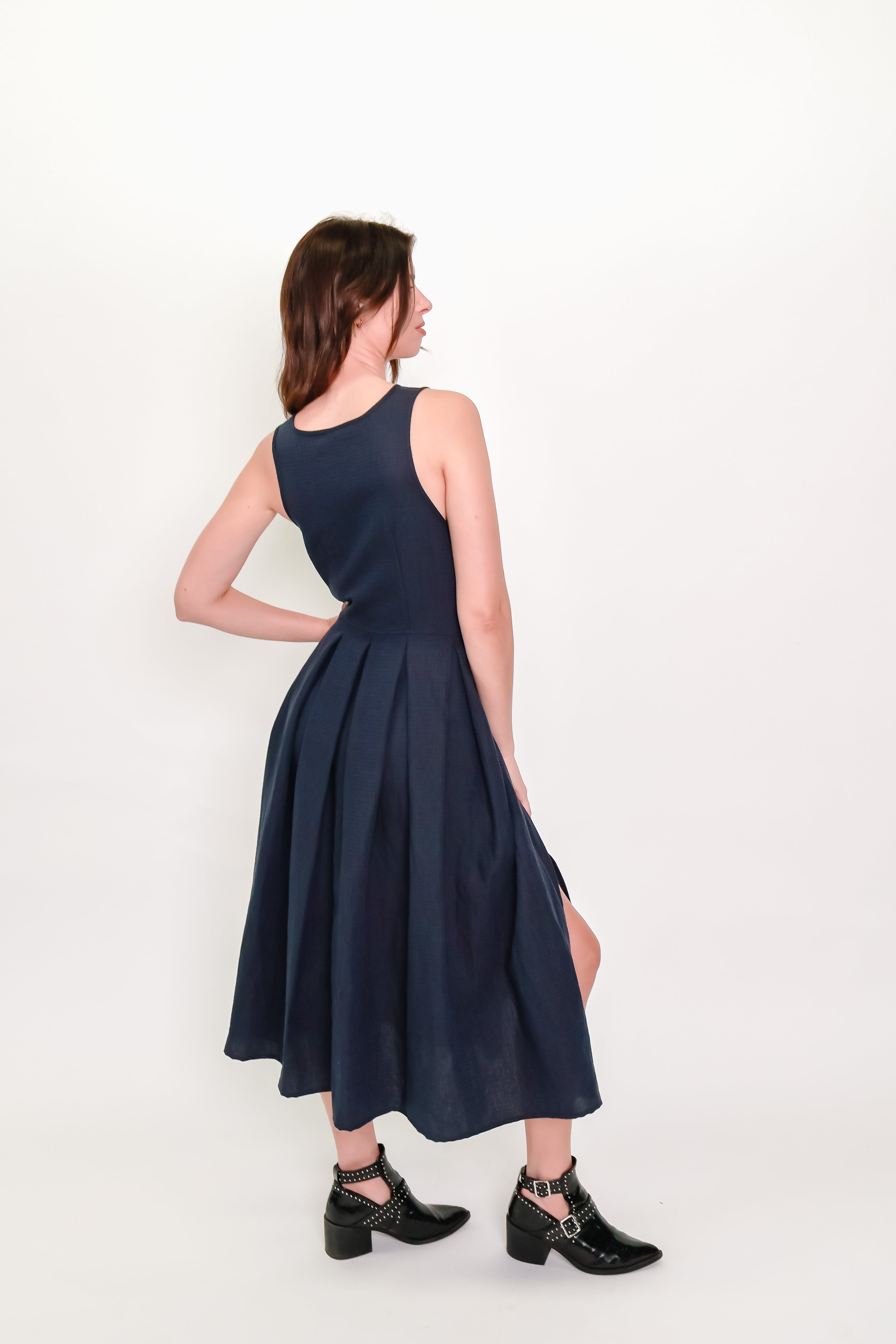 Box Pleat Wrap Dress in Indigo Check