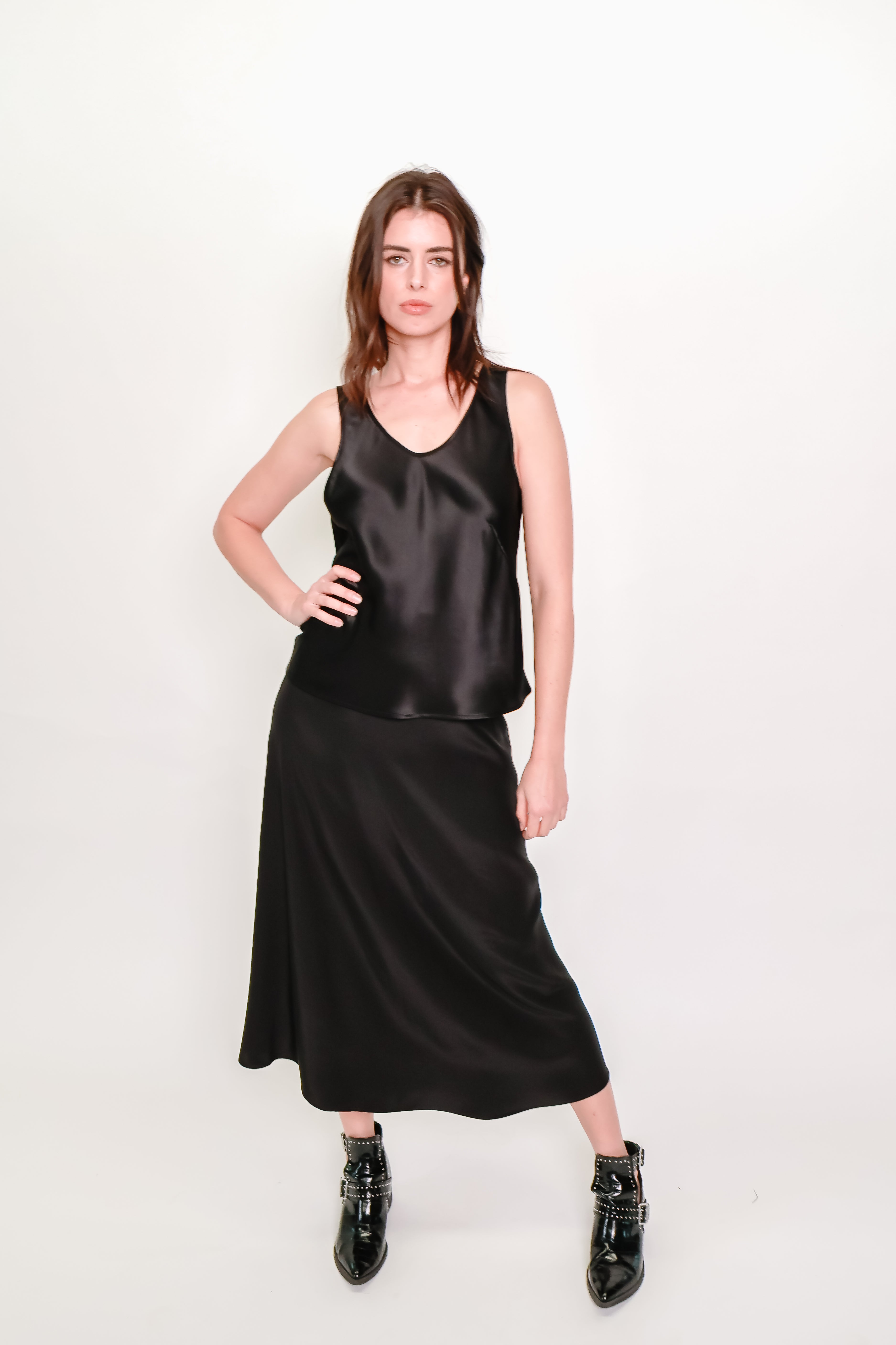 Bias Cut Silk Satin Tank Top – Black Sandwashed Silk