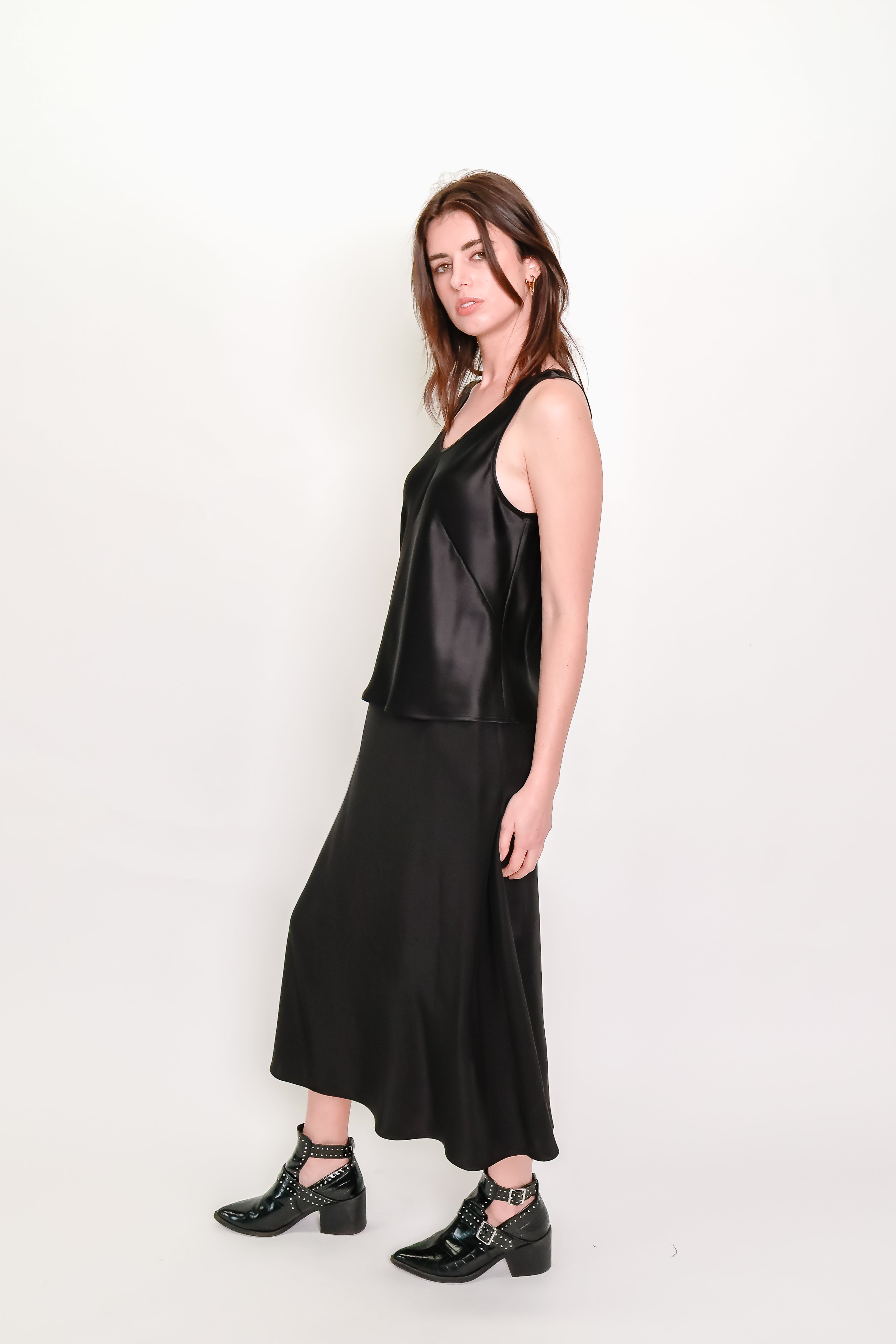 Bias Cut Silk Satin Tank Top – Black Sandwashed Silk
