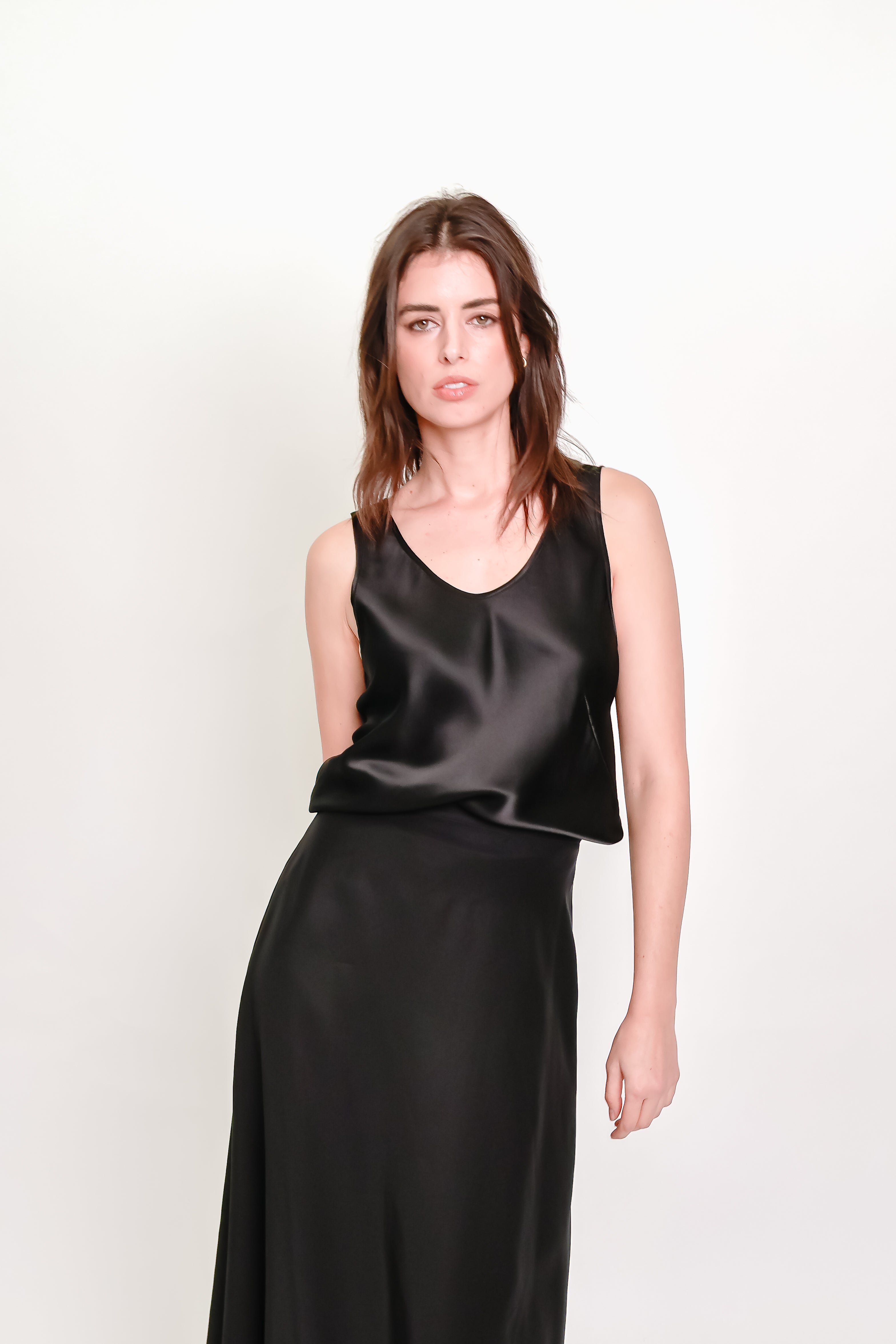 Bias Cut Silk Satin Tank Top – Black Sandwashed Silk