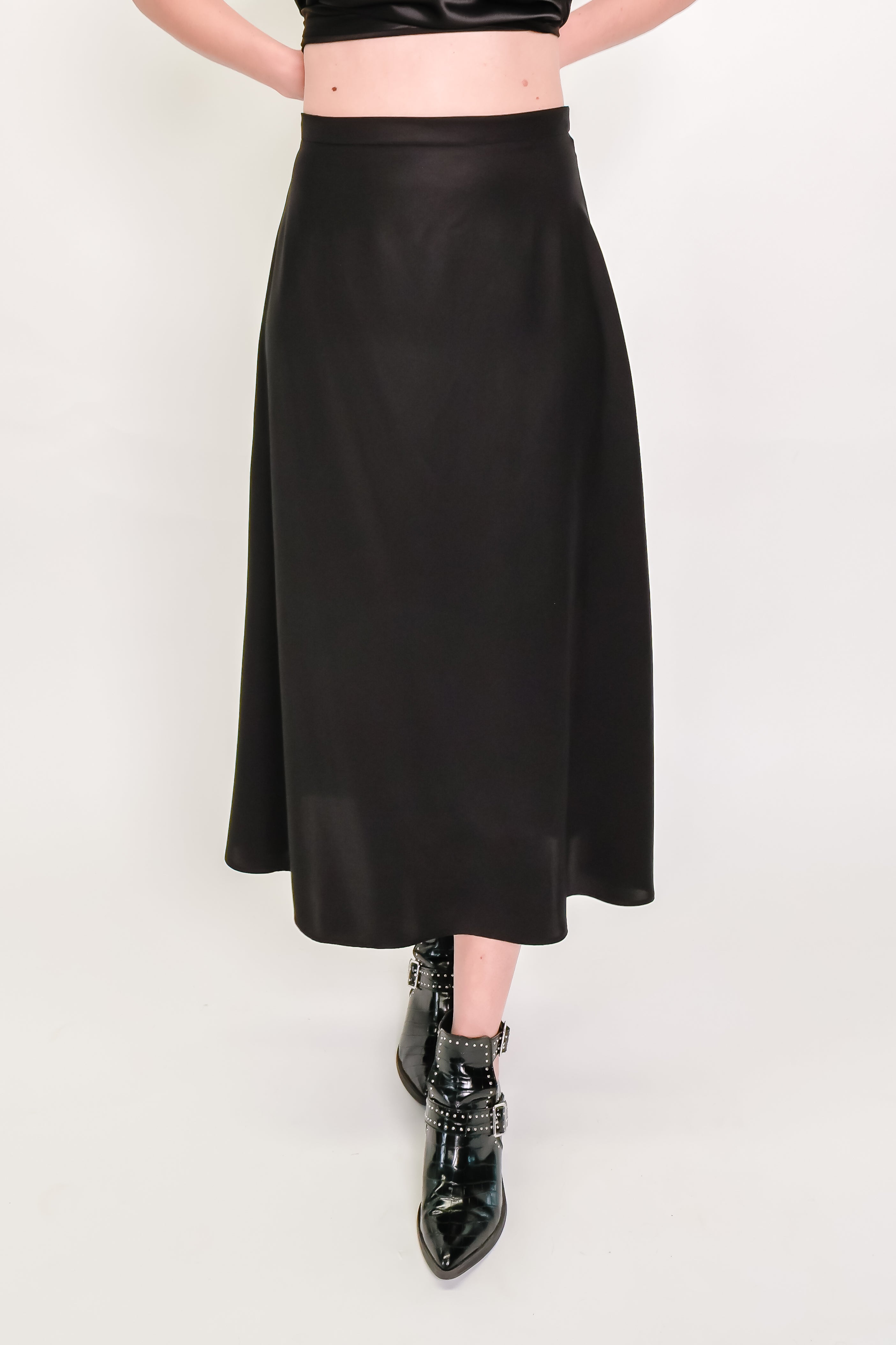 Black Silk Satin A-Line Skirt