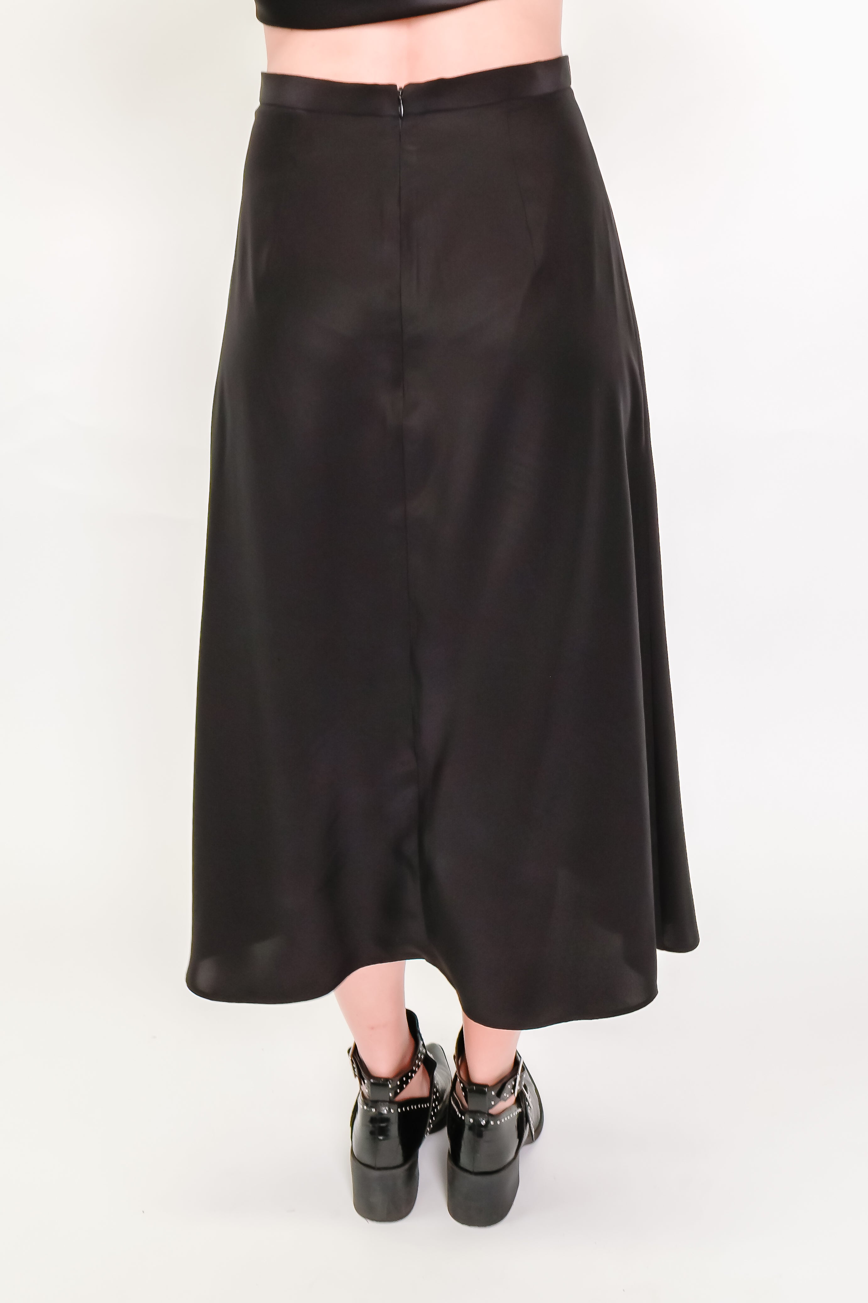 Black Silk Satin A-Line Skirt
