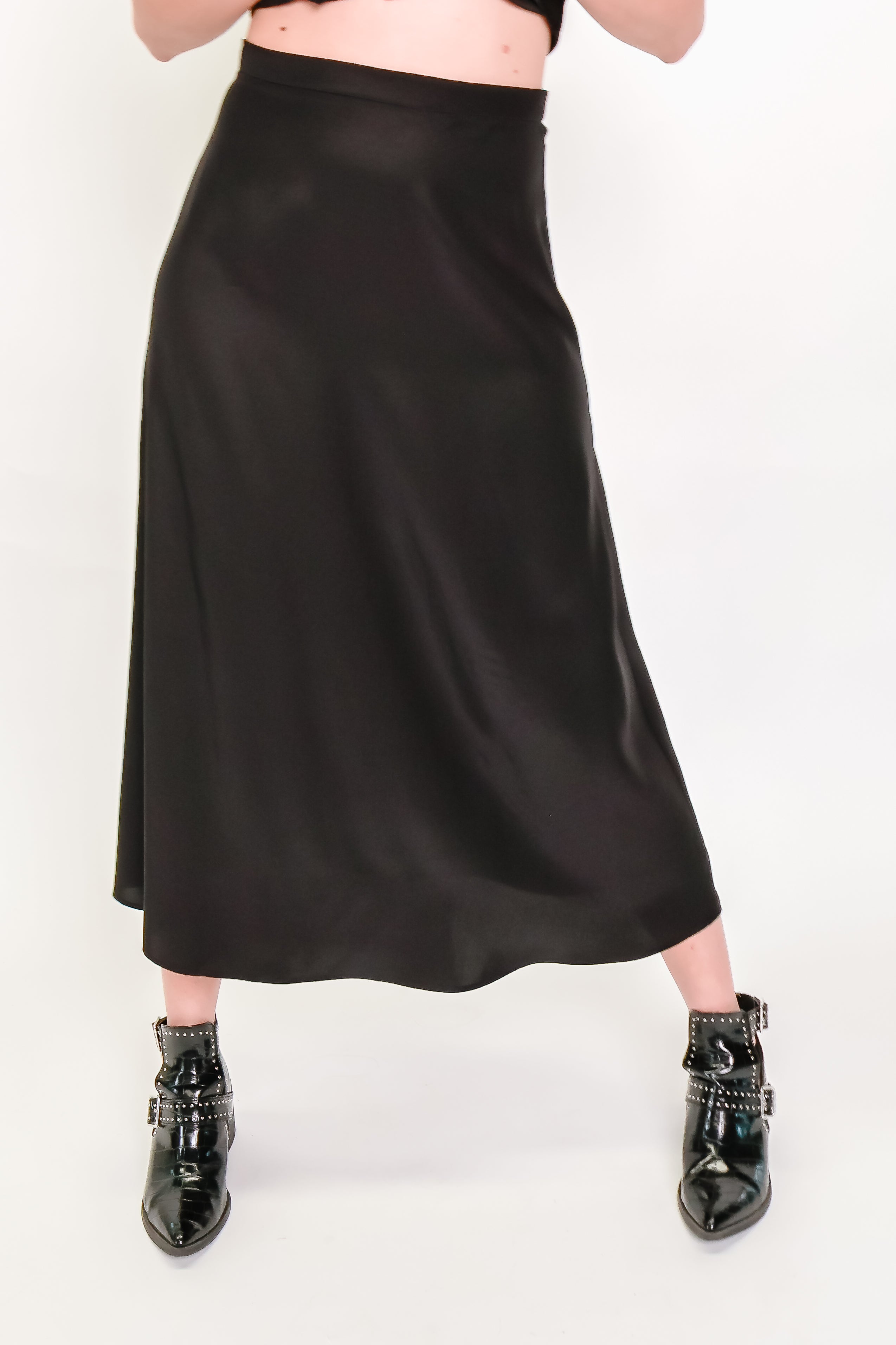 Black Silk Satin A-Line Skirt