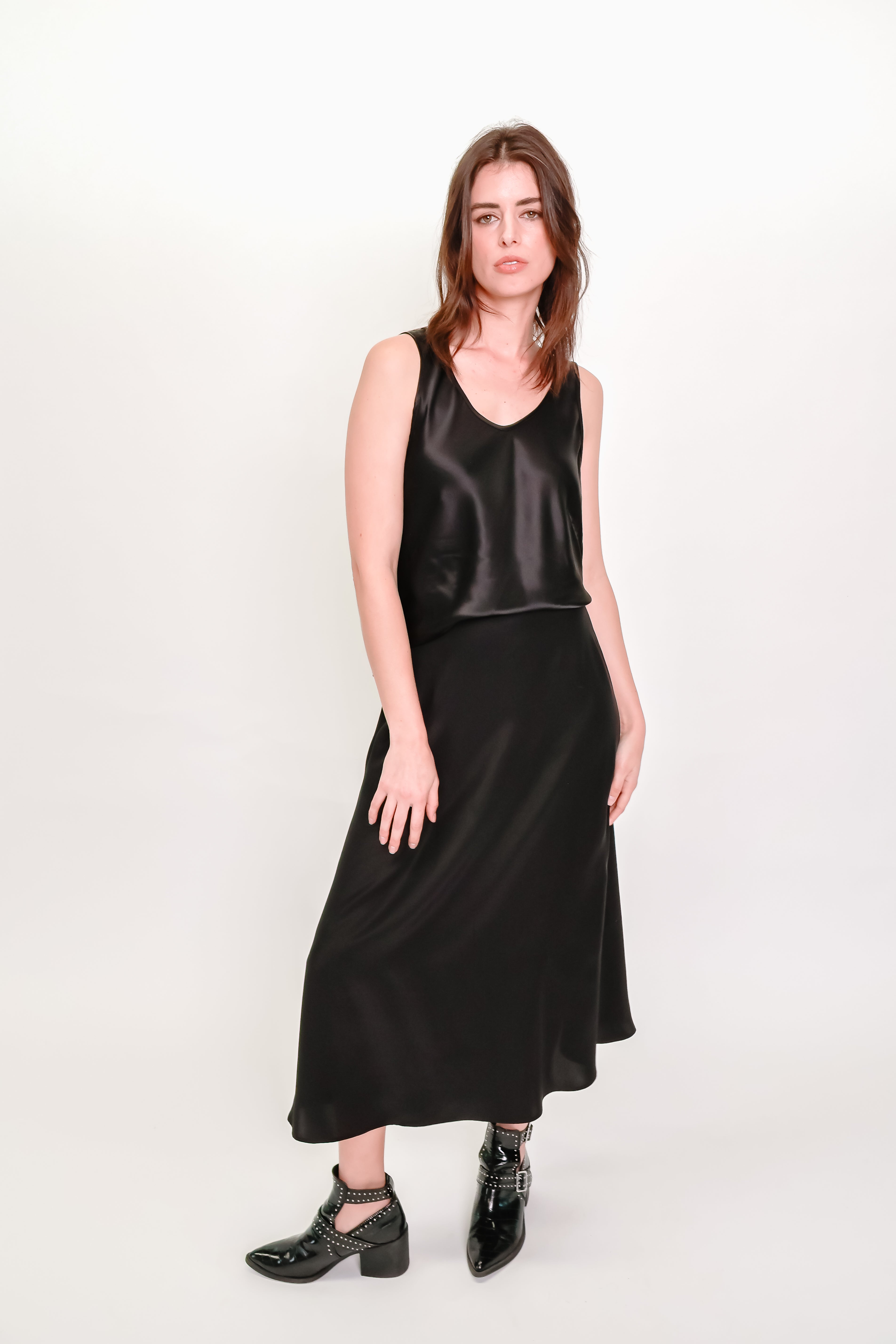 Black Silk Satin A-Line Skirt
