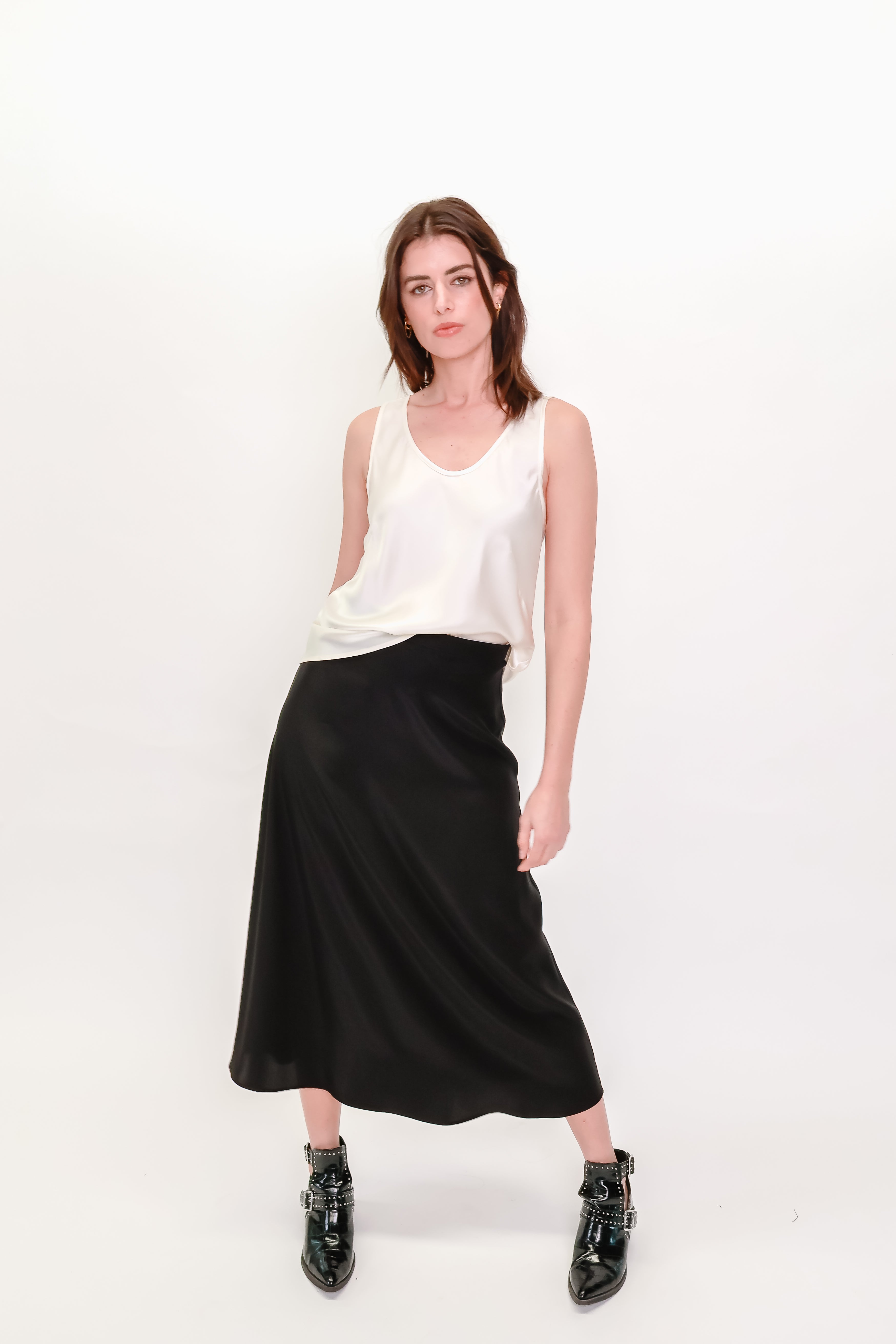 Black Silk Satin A-Line Skirt