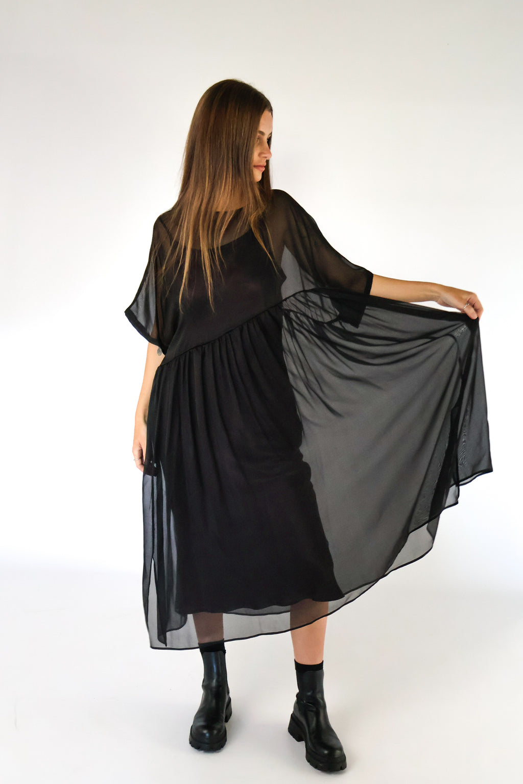 Petal Silk Chiffon Dress - Black