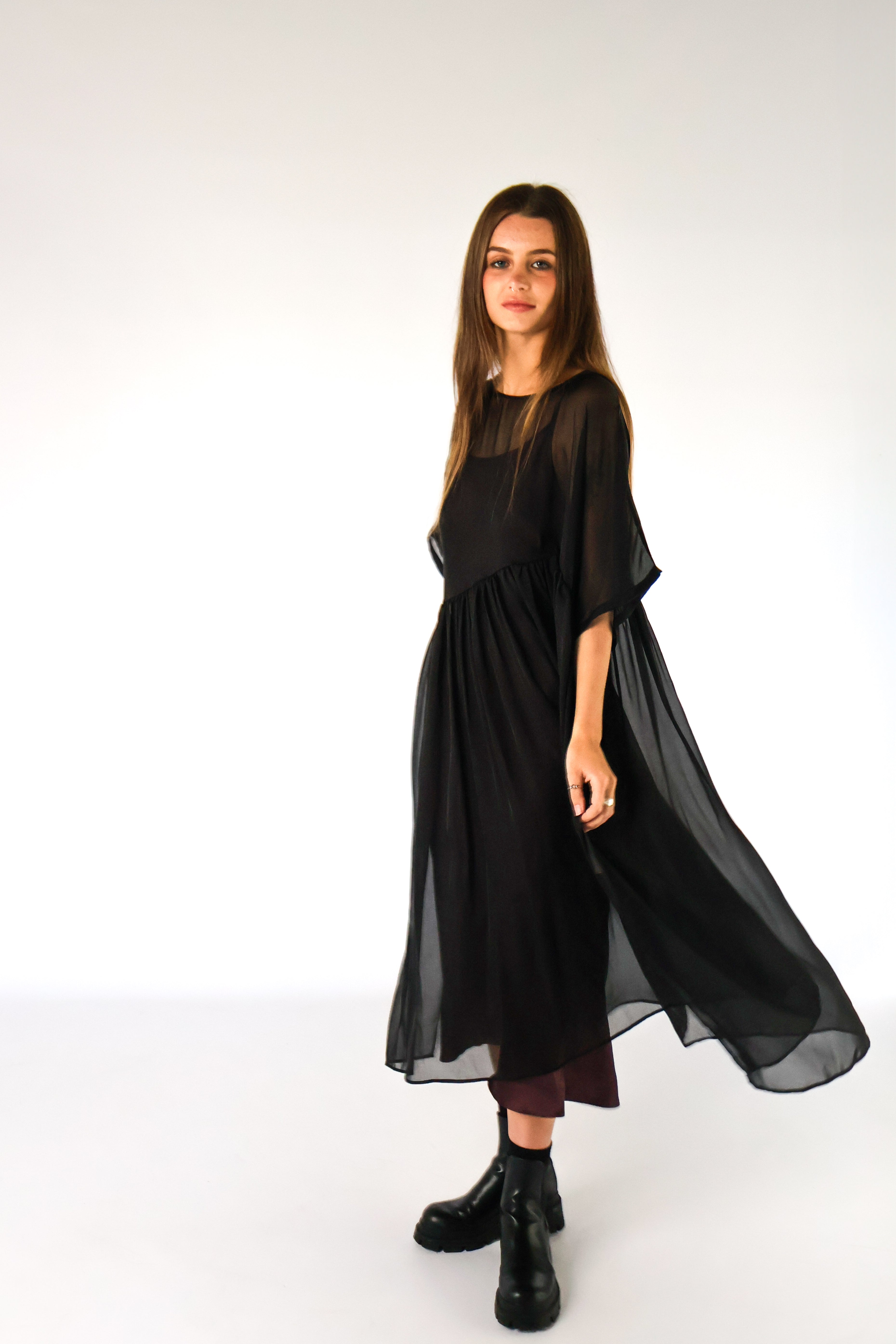 Petal Silk Chiffon Dress - Black
