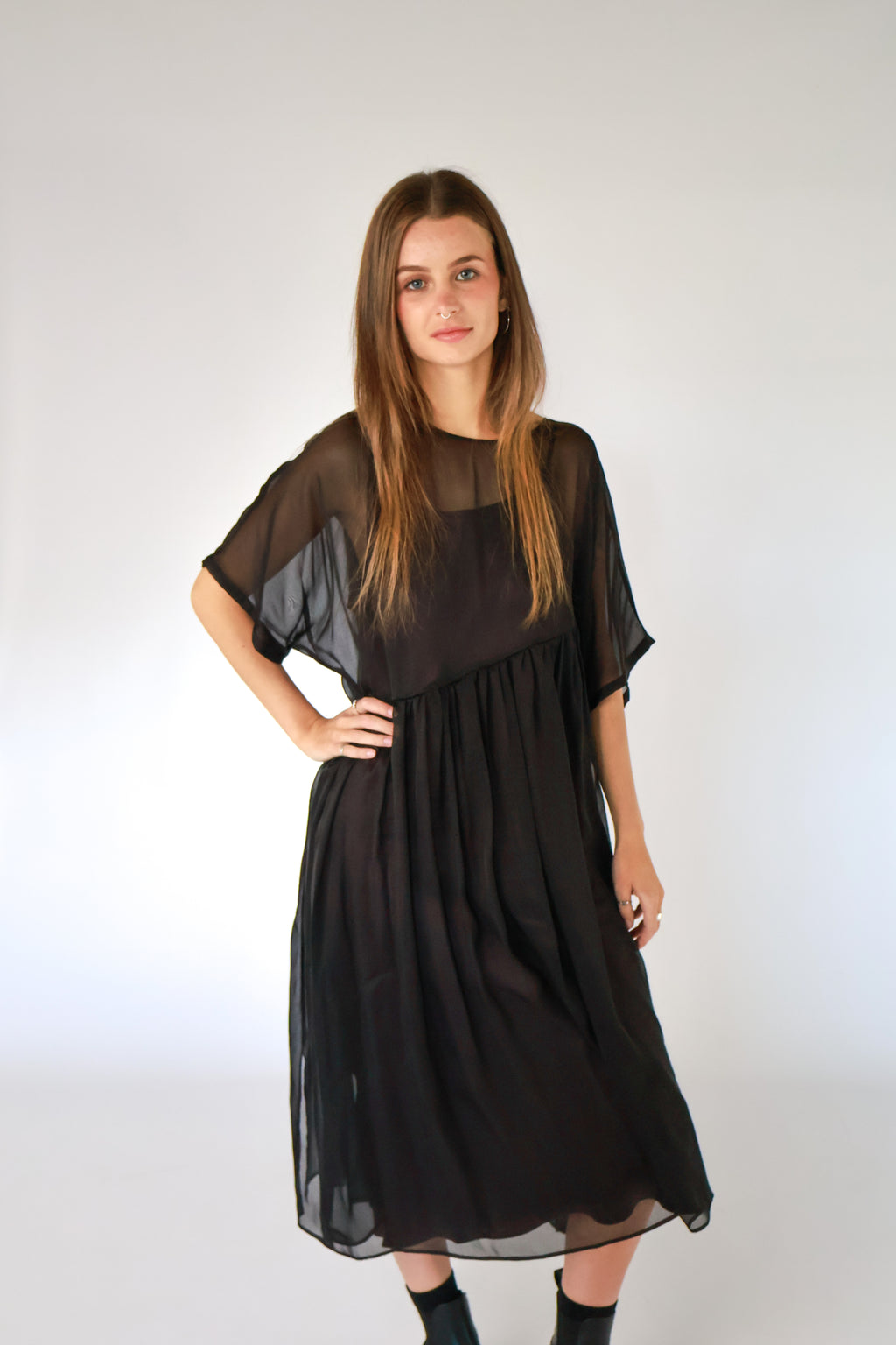 Petal Silk Chiffon Dress - Black
