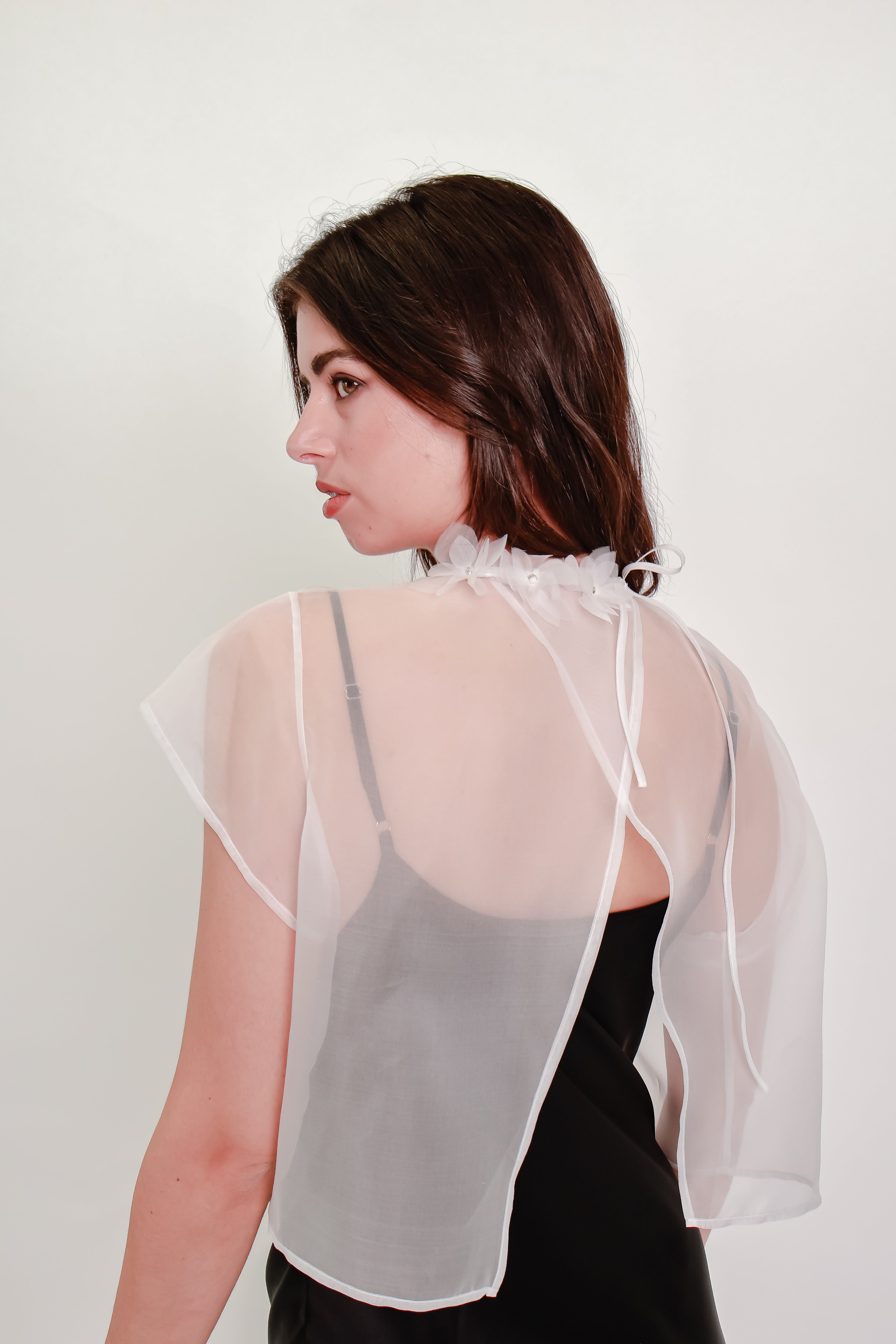 Silk Organza Cropped Tee with Handmade Silk Flowers