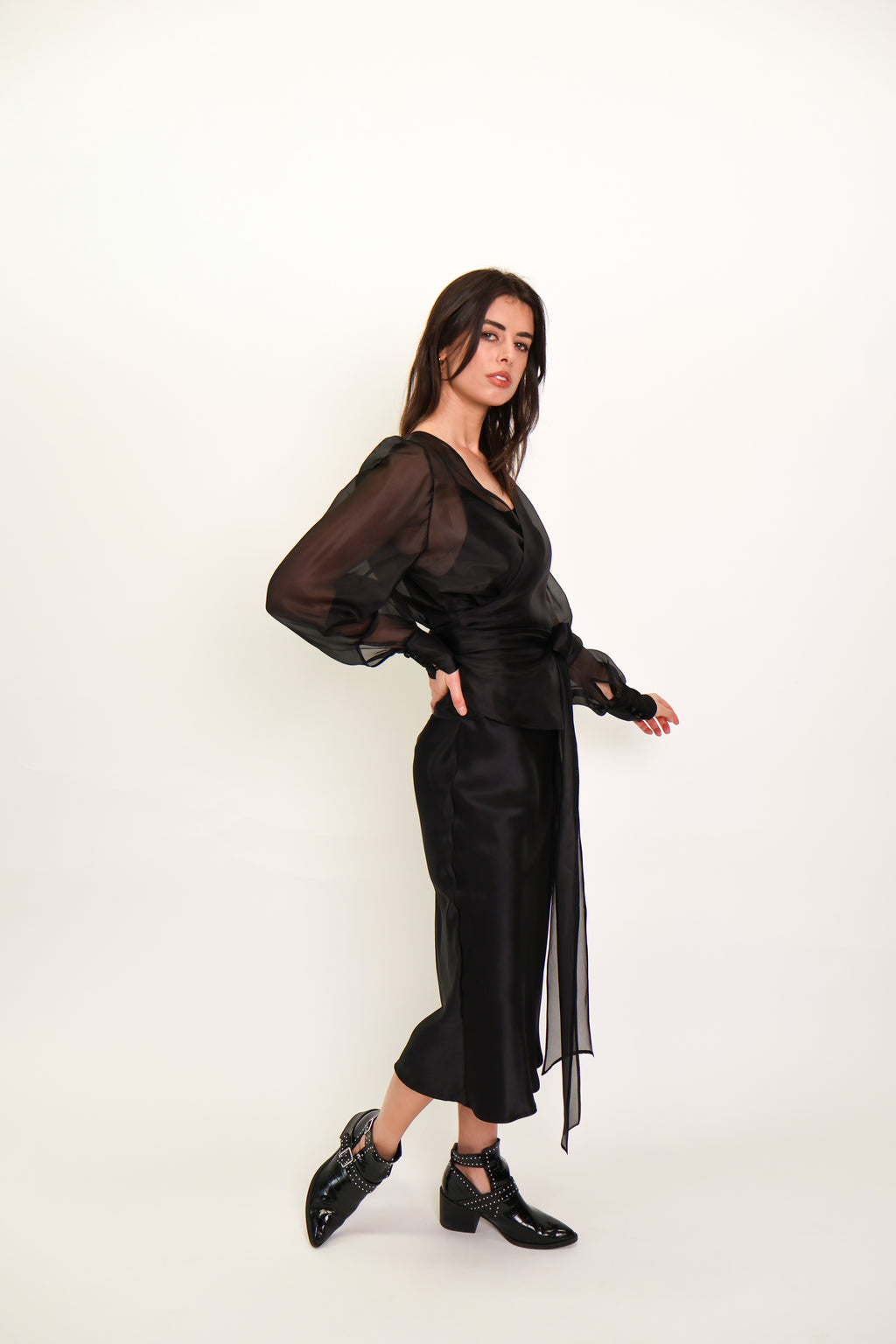 Silk Organza Wrap Blouse - Black
