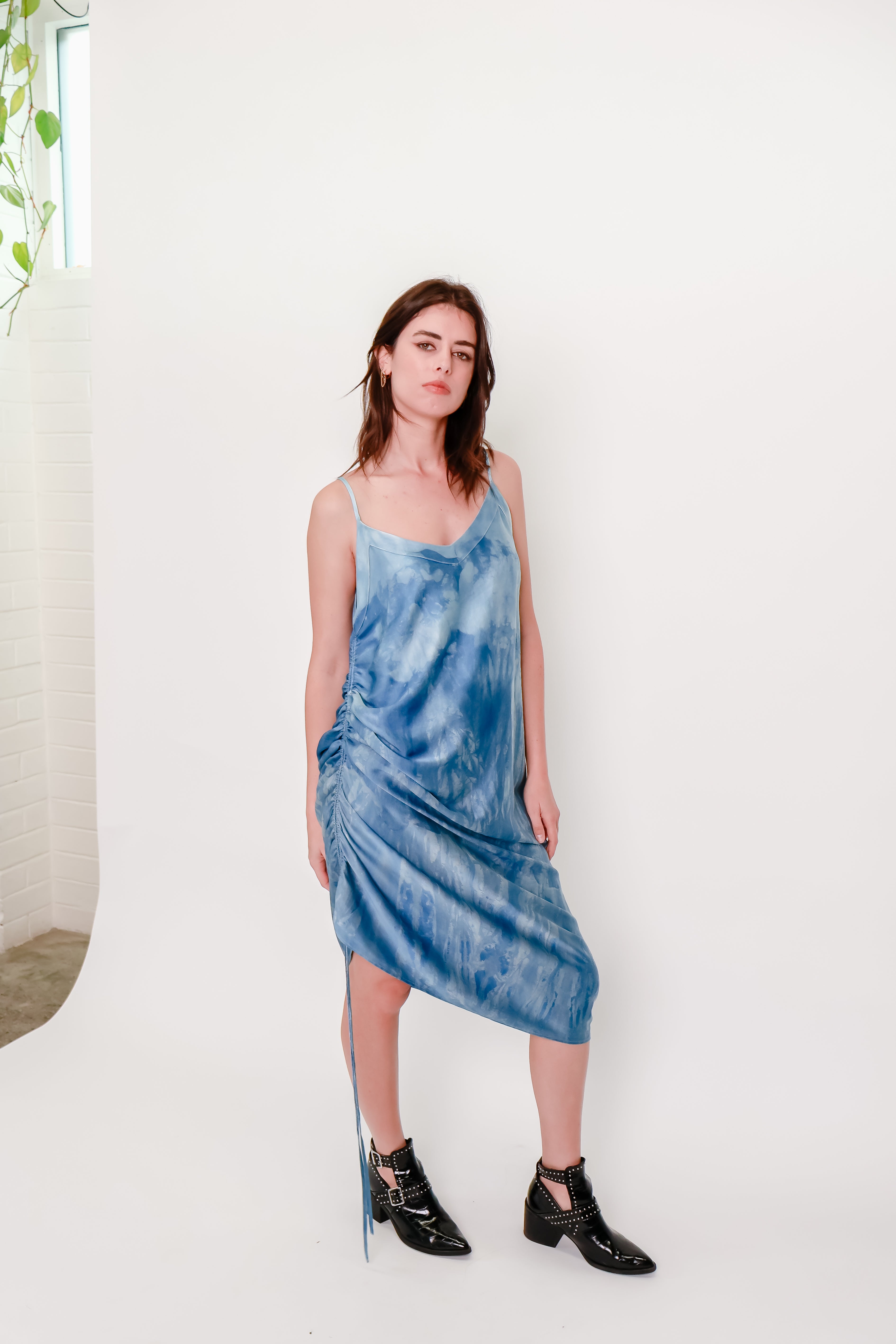 Indigo-Dyed Sandwashed Silk Satin Dress #3