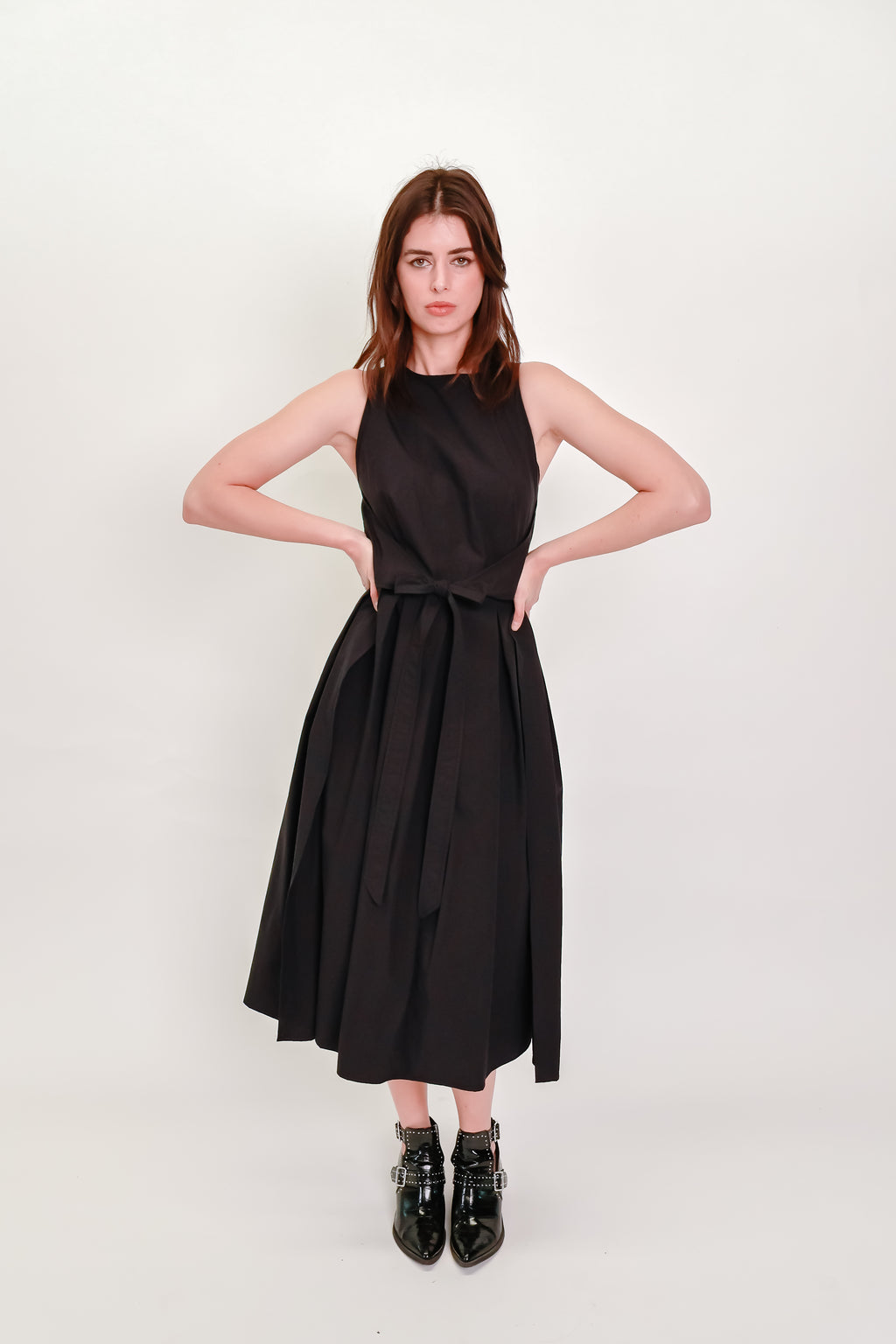 Box Pleat Wrap Dress in Black Cotton
