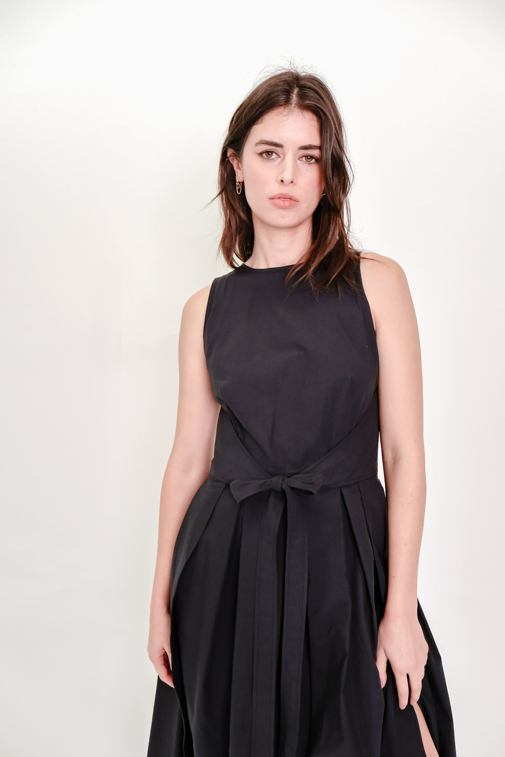 Box Pleat Wrap Dress in Black Cotton