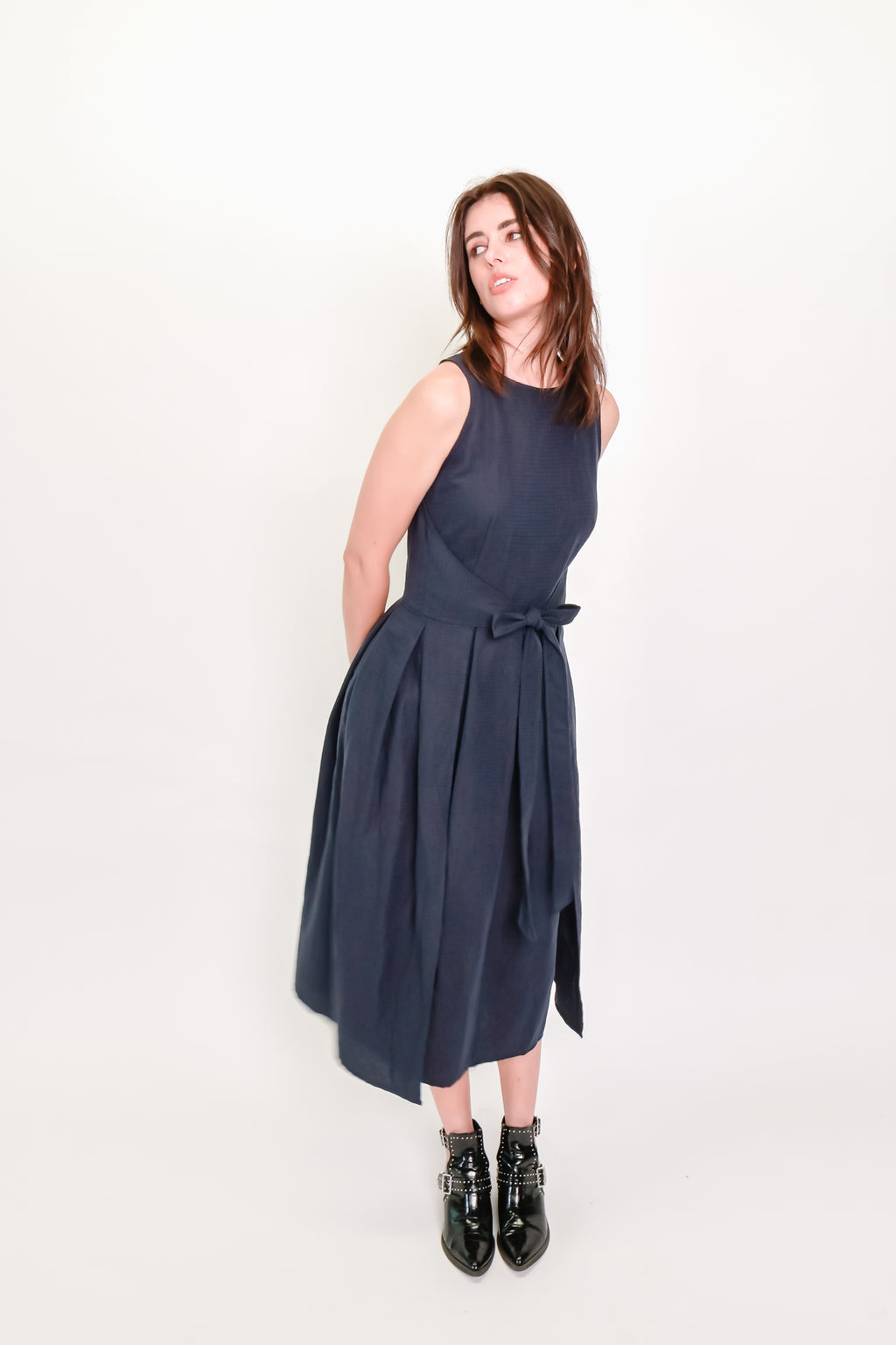Box Pleat Wrap Dress in Indigo Check