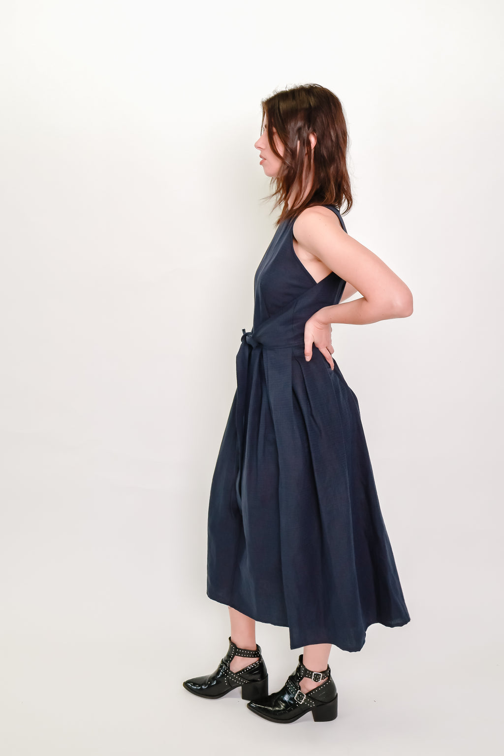 Box Pleat Wrap Dress in Indigo Check